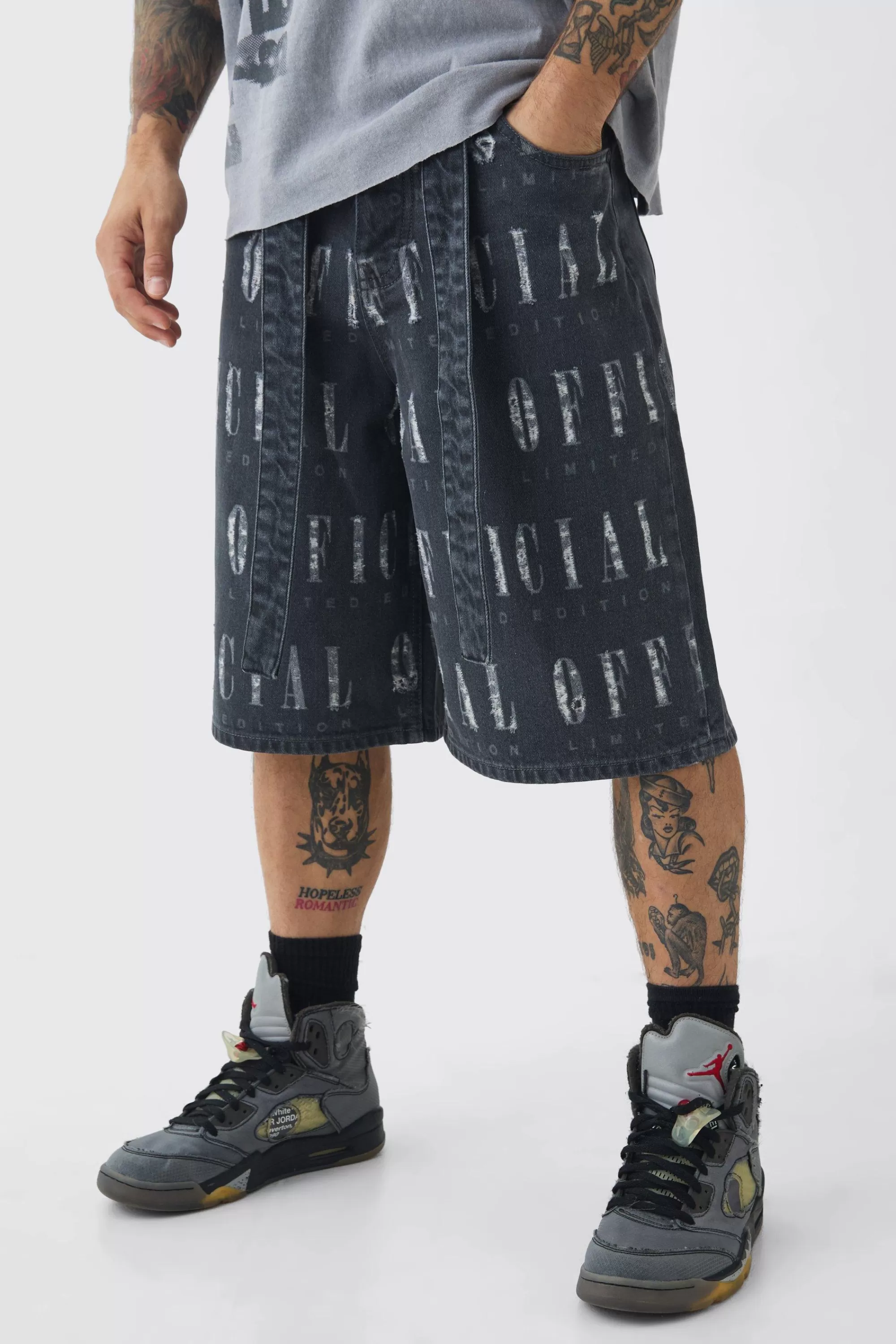 boohooMAN Regular Rigid Official Distressed Denim Jorts In | UK