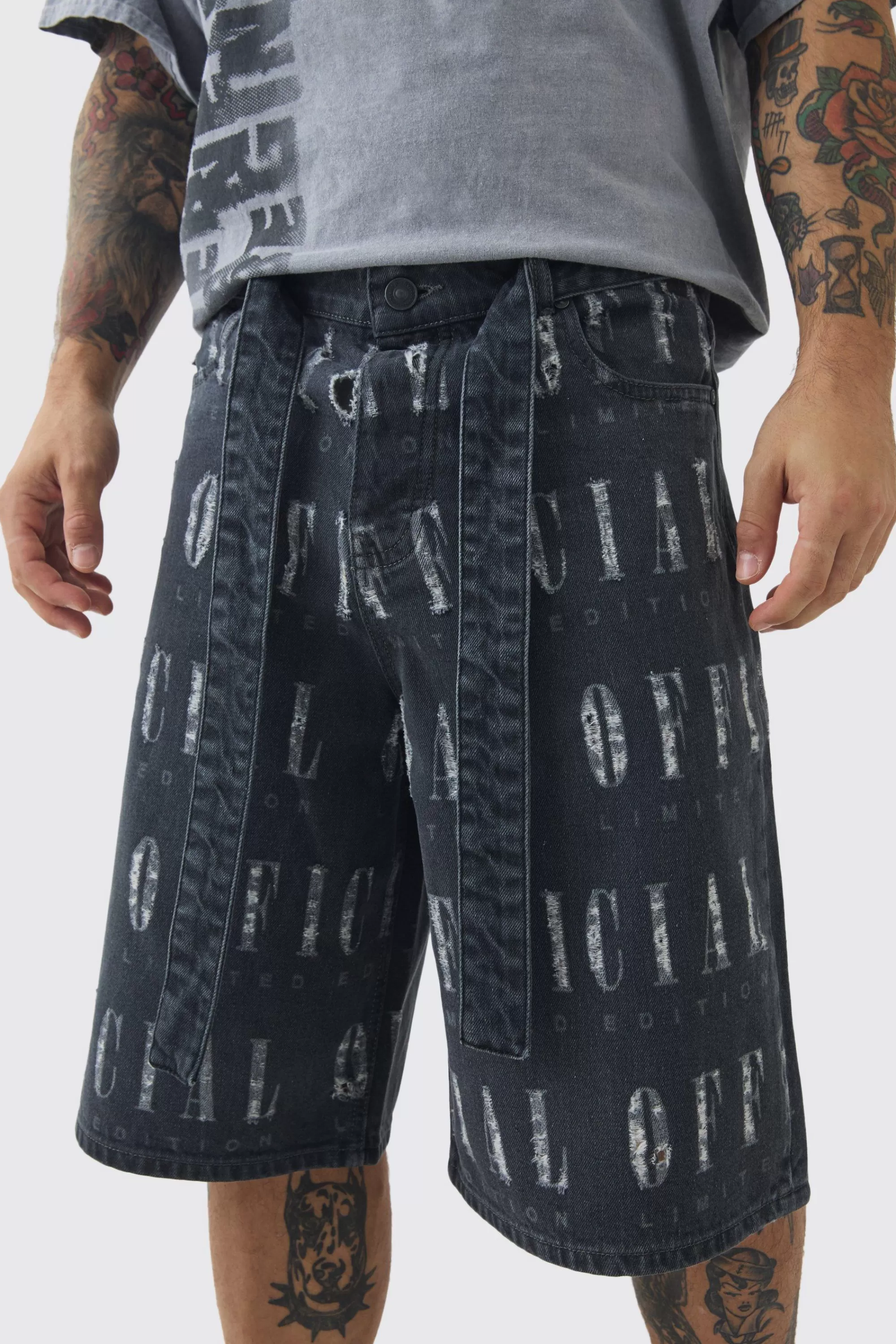 boohooMAN Regular Rigid Official Distressed Denim Jorts In | UK