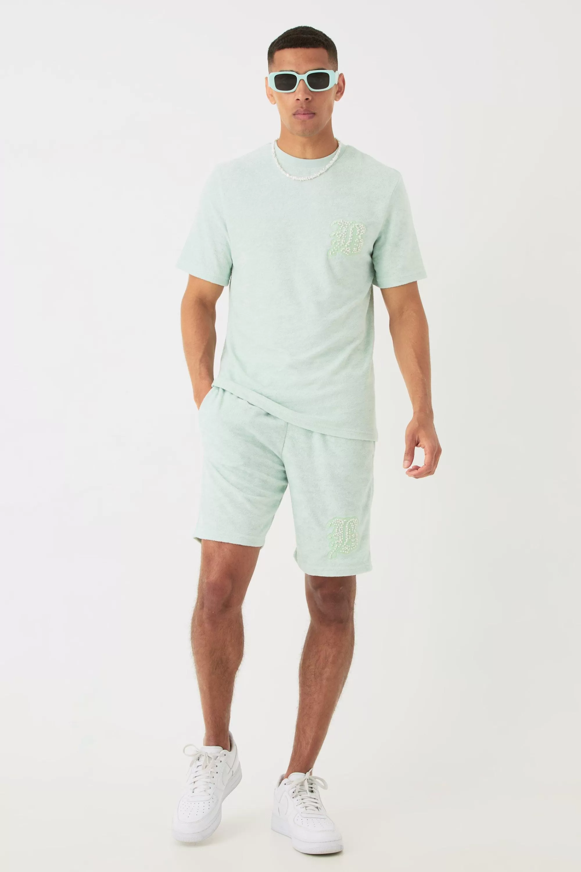 boohooMAN Regular Towelling Pearl Embroidered T-shirt And Short Set | UK