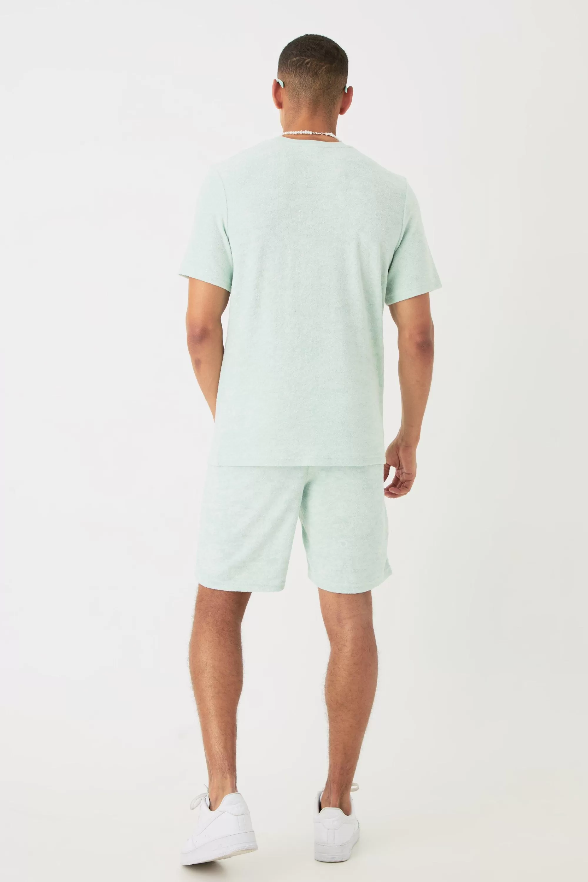 boohooMAN Regular Towelling Pearl Embroidered T-shirt And Short Set | UK