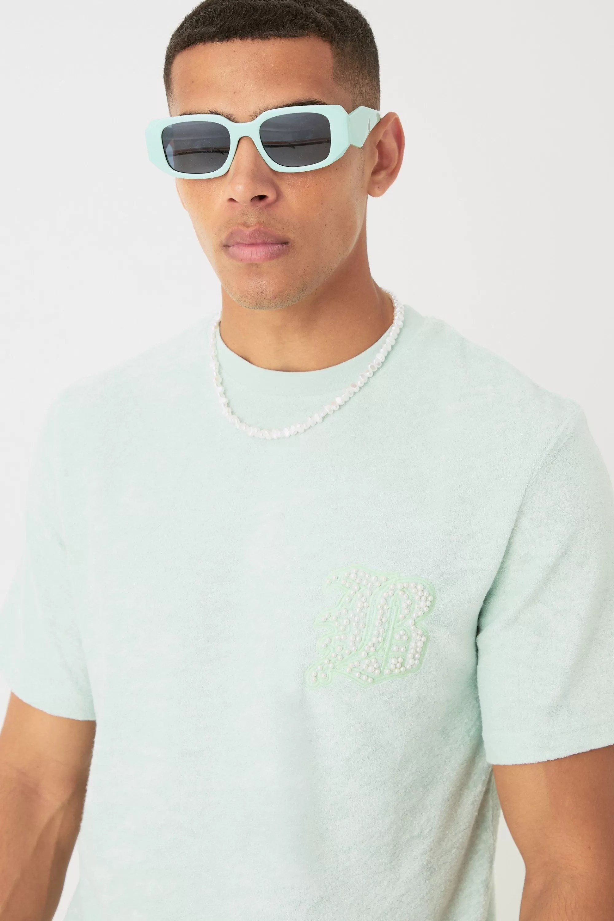 boohooMAN Regular Towelling Pearl Embroidered T-shirt And Short Set | UK