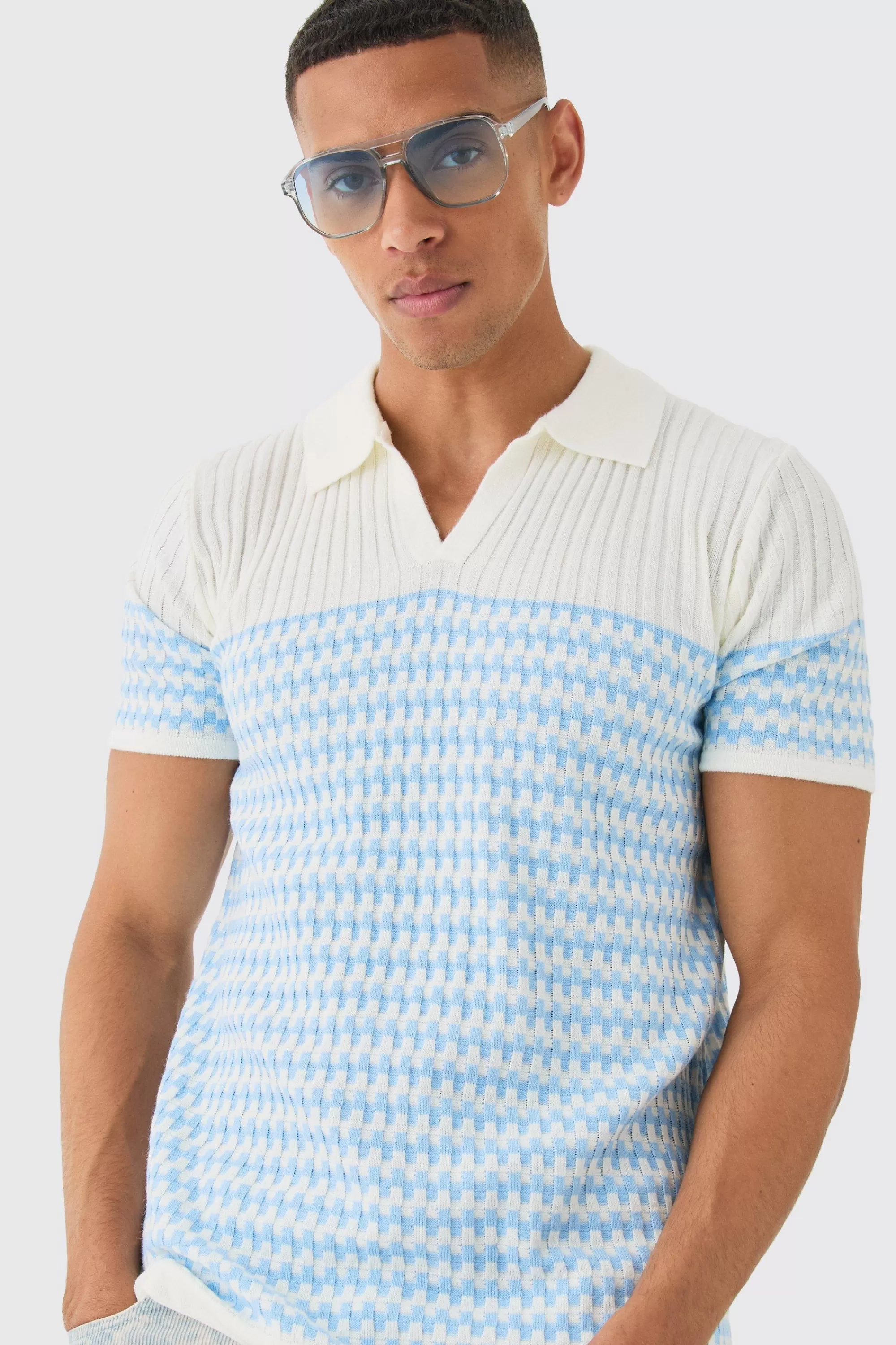 boohooMAN Regular V Neck Stripe Knitted Polo | UK