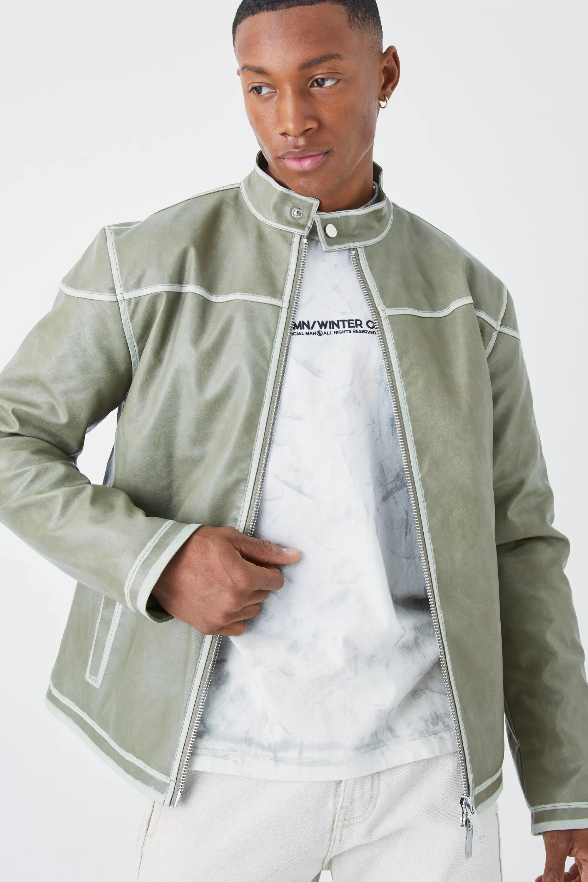 boohooMAN Regular Washed Seam Detail Pu Biker | UK