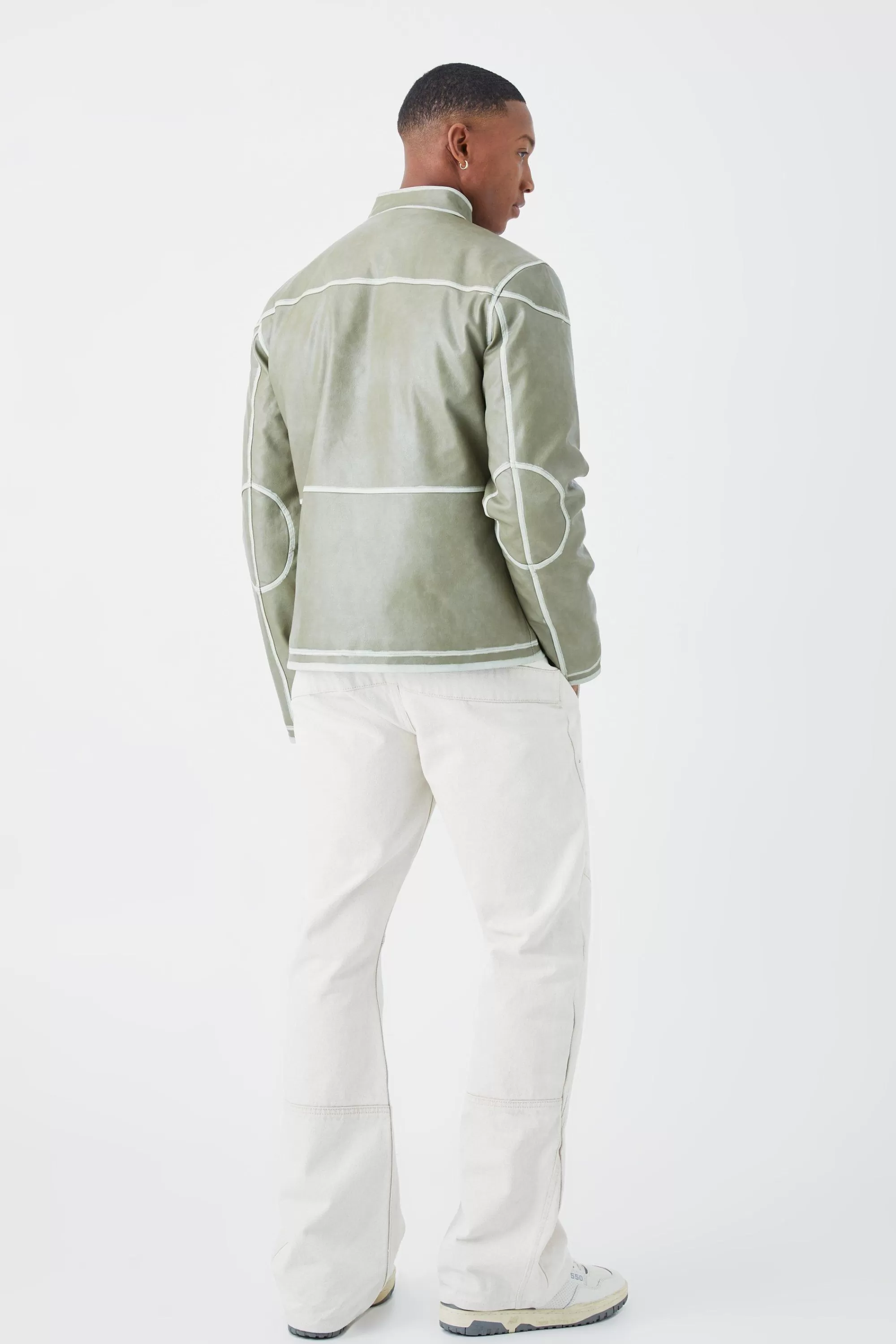 boohooMAN Regular Washed Seam Detail Pu Biker | UK