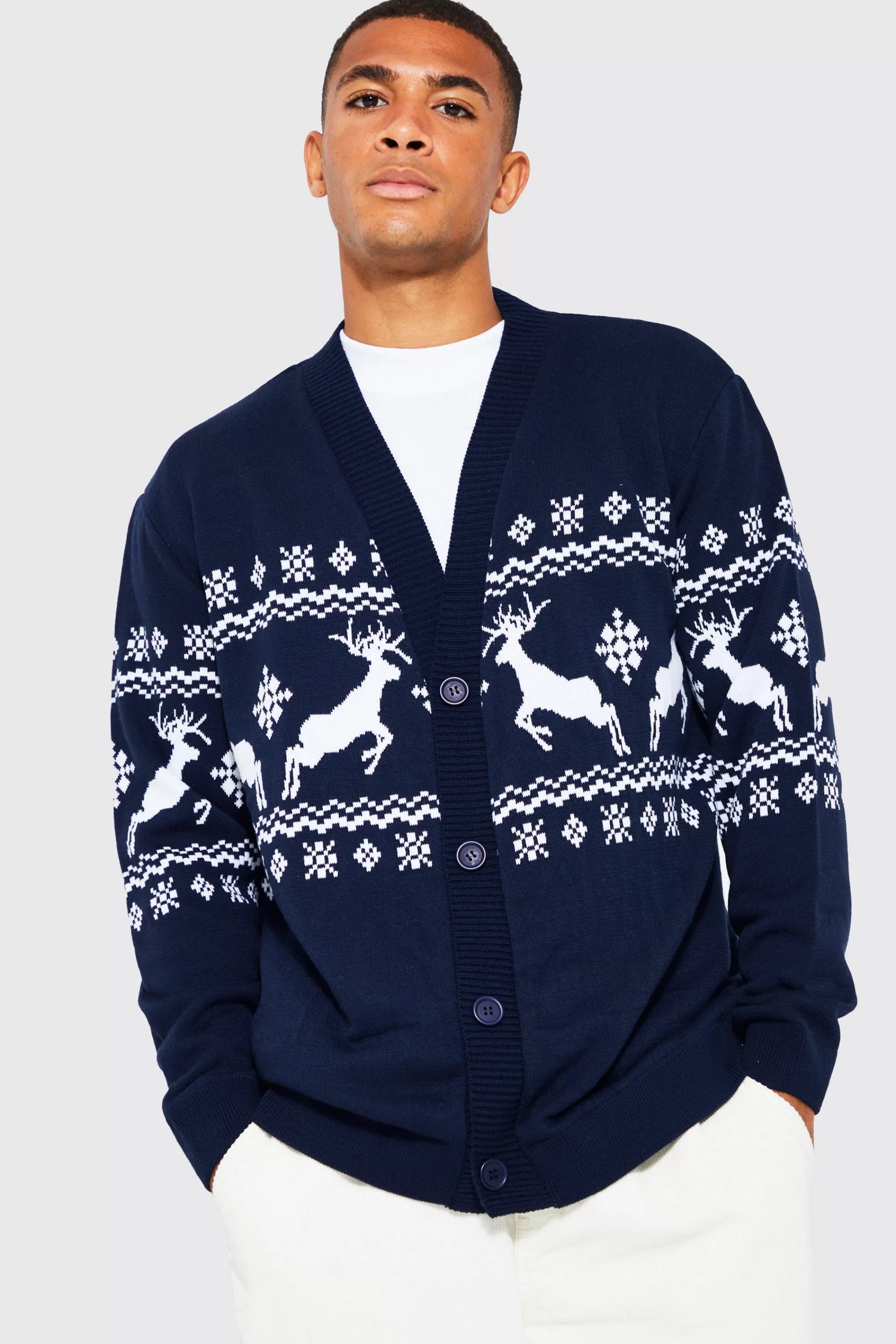 boohooMAN Reindeer Fairisle Christmas Cardigan | UK