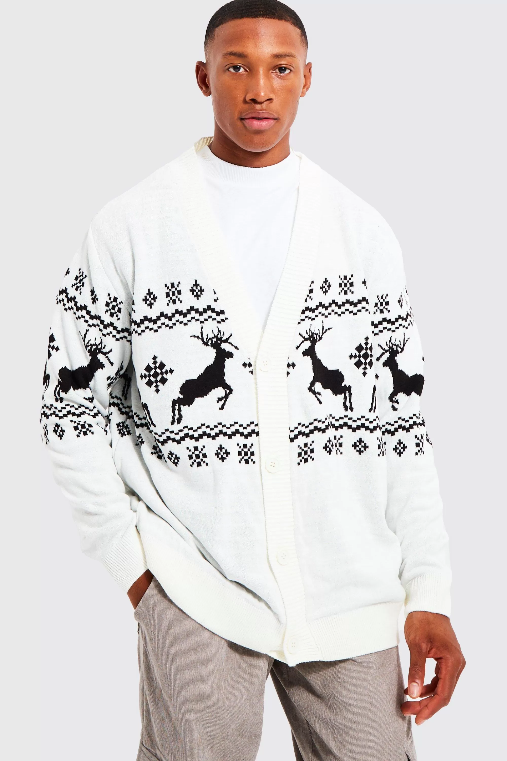 boohooMAN Reindeer Fairisle Christmas Cardigan | UK