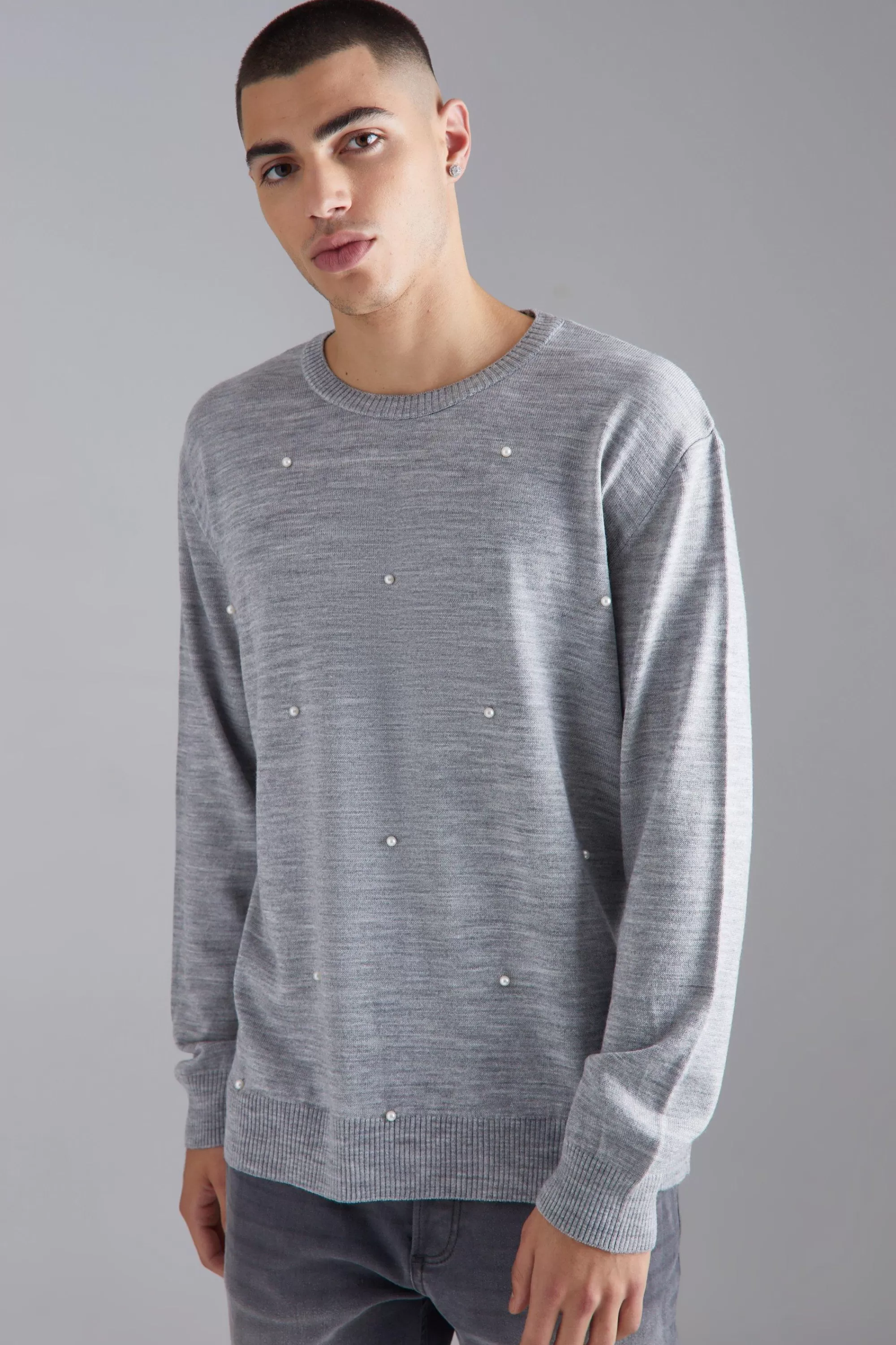 boohooMAN Relaxed All Over Pearl Embellished Knit Jumper | UK