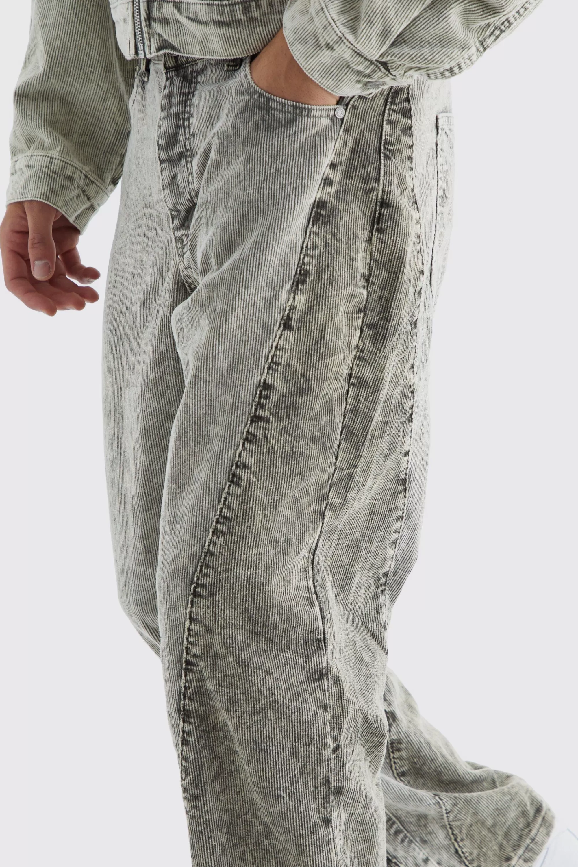 boohooMAN Relaxed Colour Block Acid Wash Cord Trouser | UK