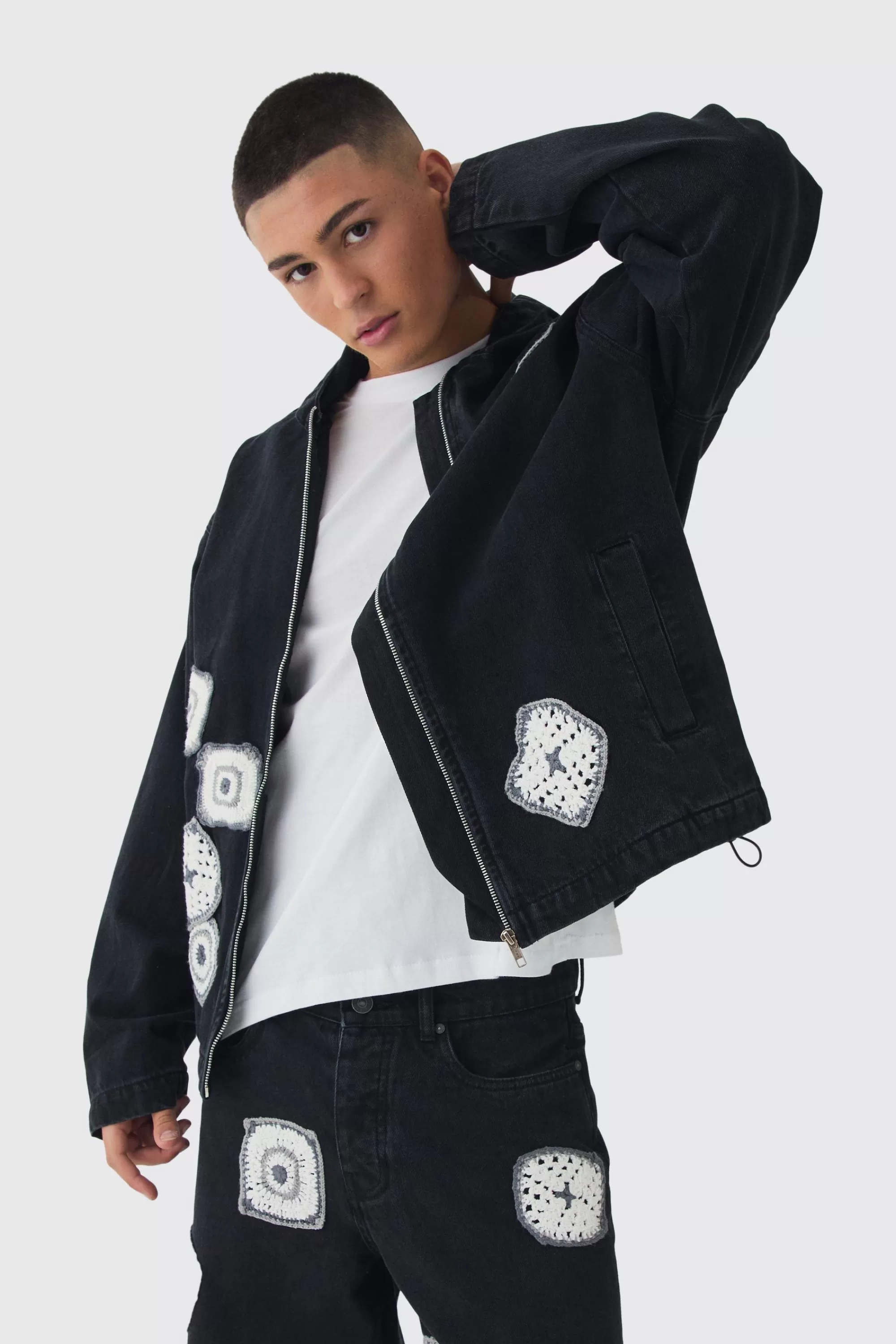 boohooMAN Relaxed Denim Zip Through Crochet Hoodie | UK