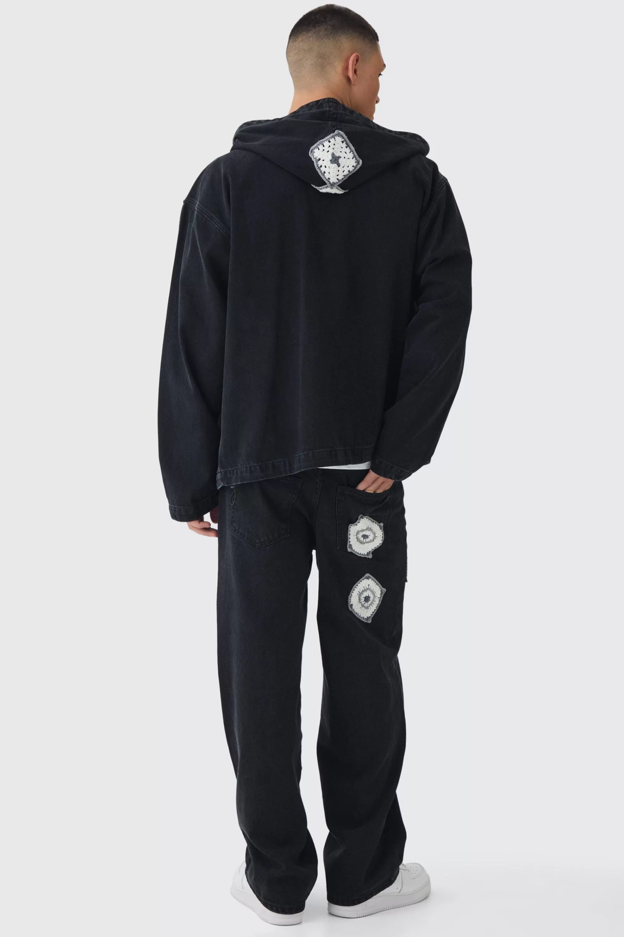 boohooMAN Relaxed Denim Zip Through Crochet Hoodie | UK