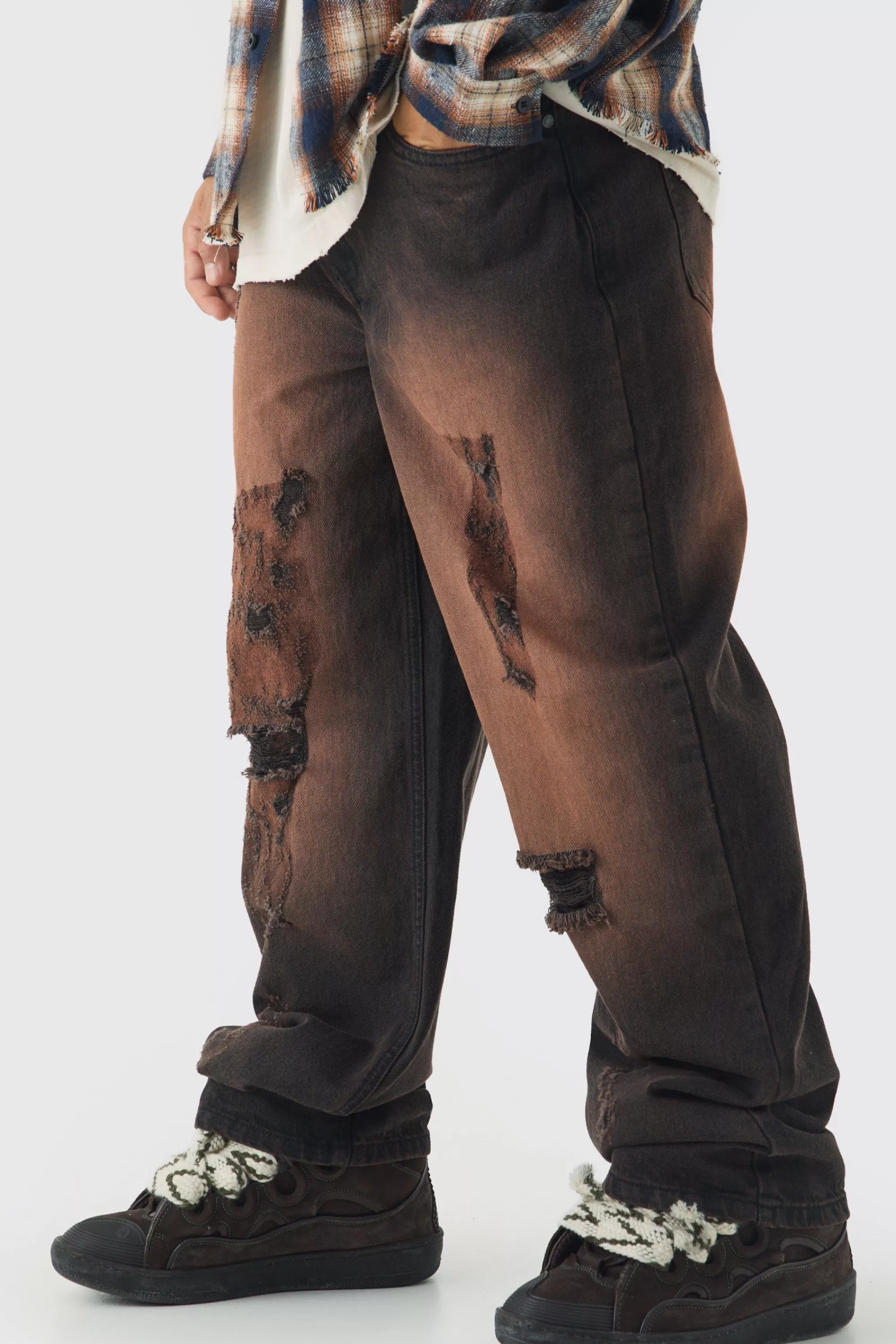 boohooMAN Relaxed Distressed Nibbled Jeans | UK