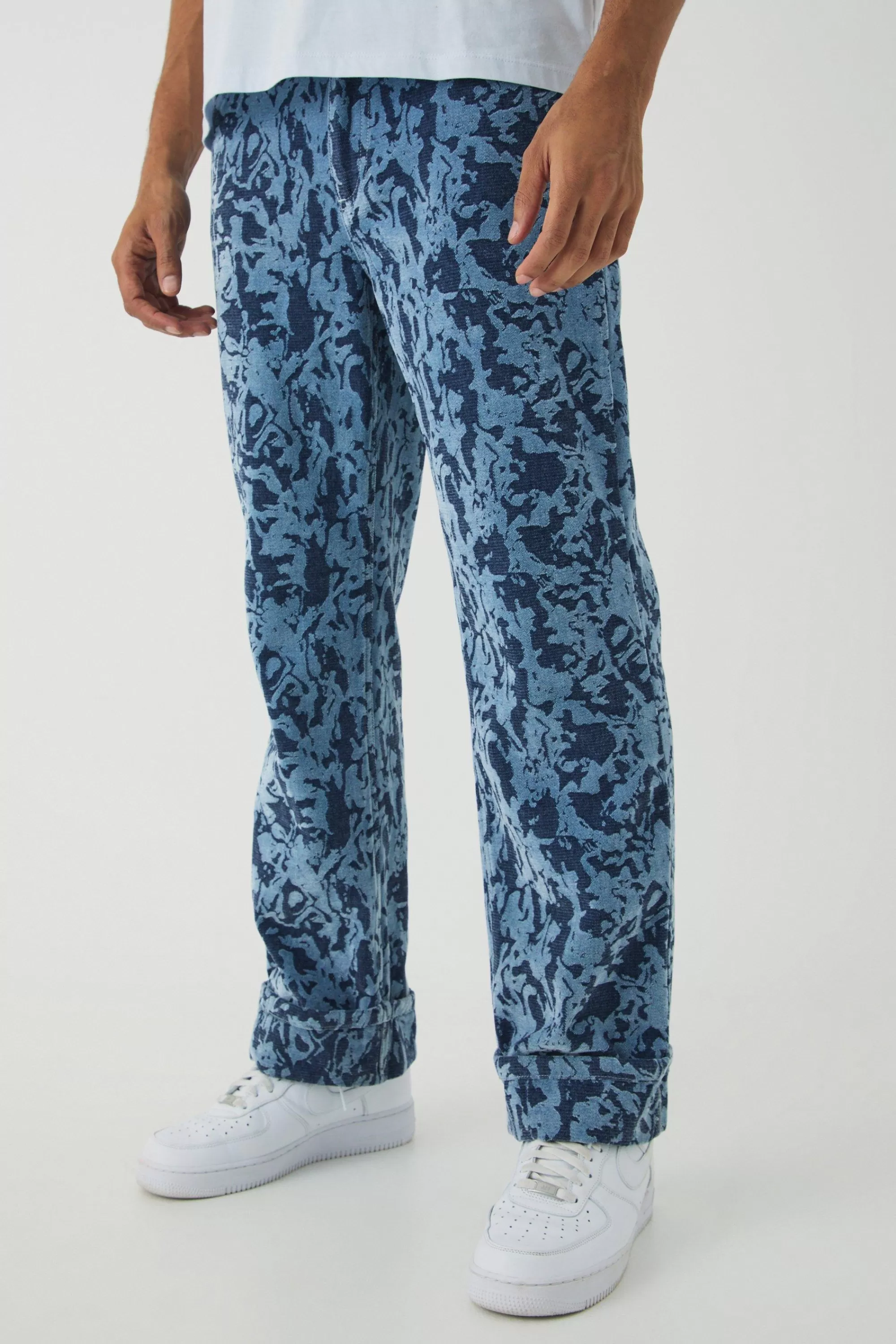 boohooMAN Relaxed Fit Abstract Flock Turn Up Hem Jeans | UK