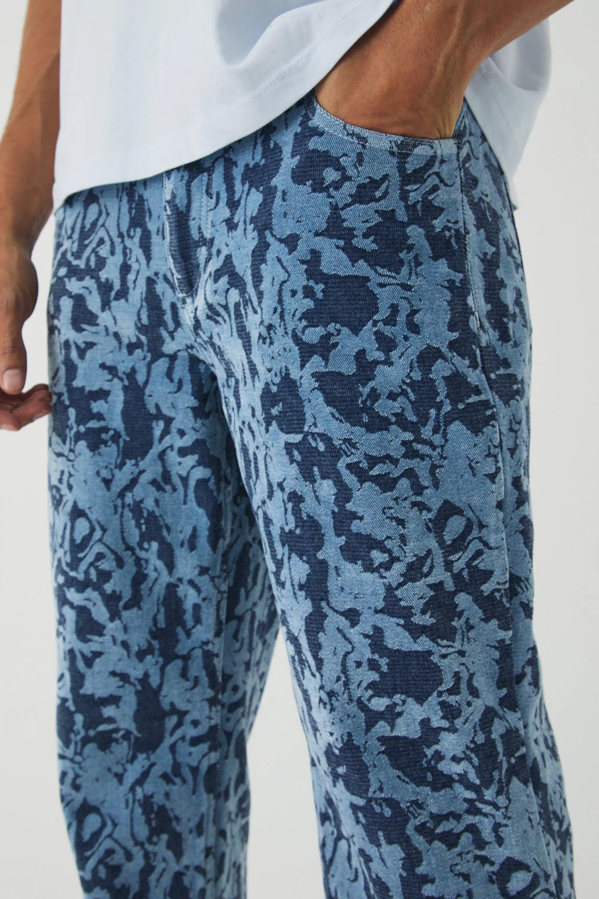 boohooMAN Relaxed Fit Abstract Flock Turn Up Hem Jeans | UK