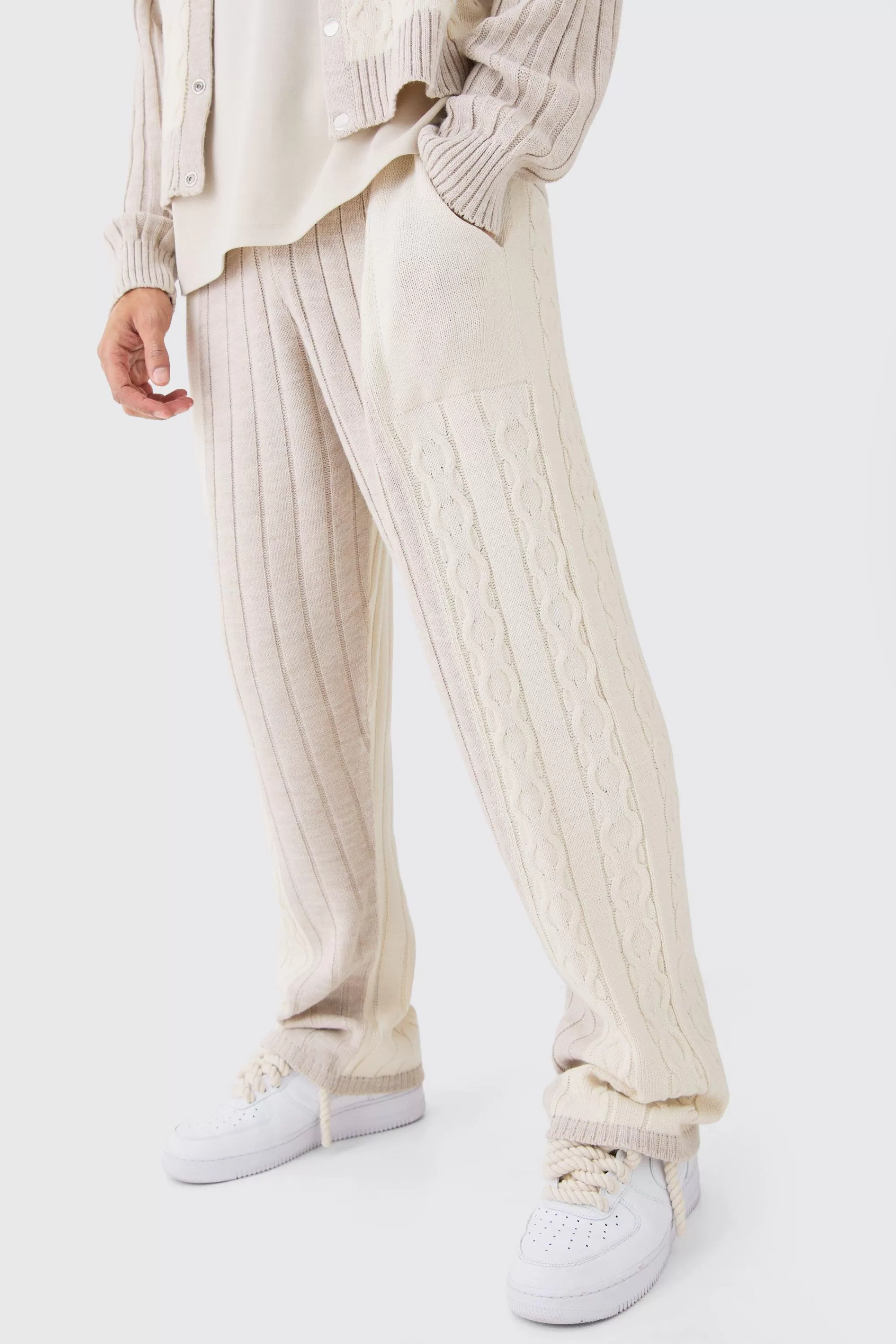 boohooMAN Relaxed Fit Cable Knitted Joggers | UK