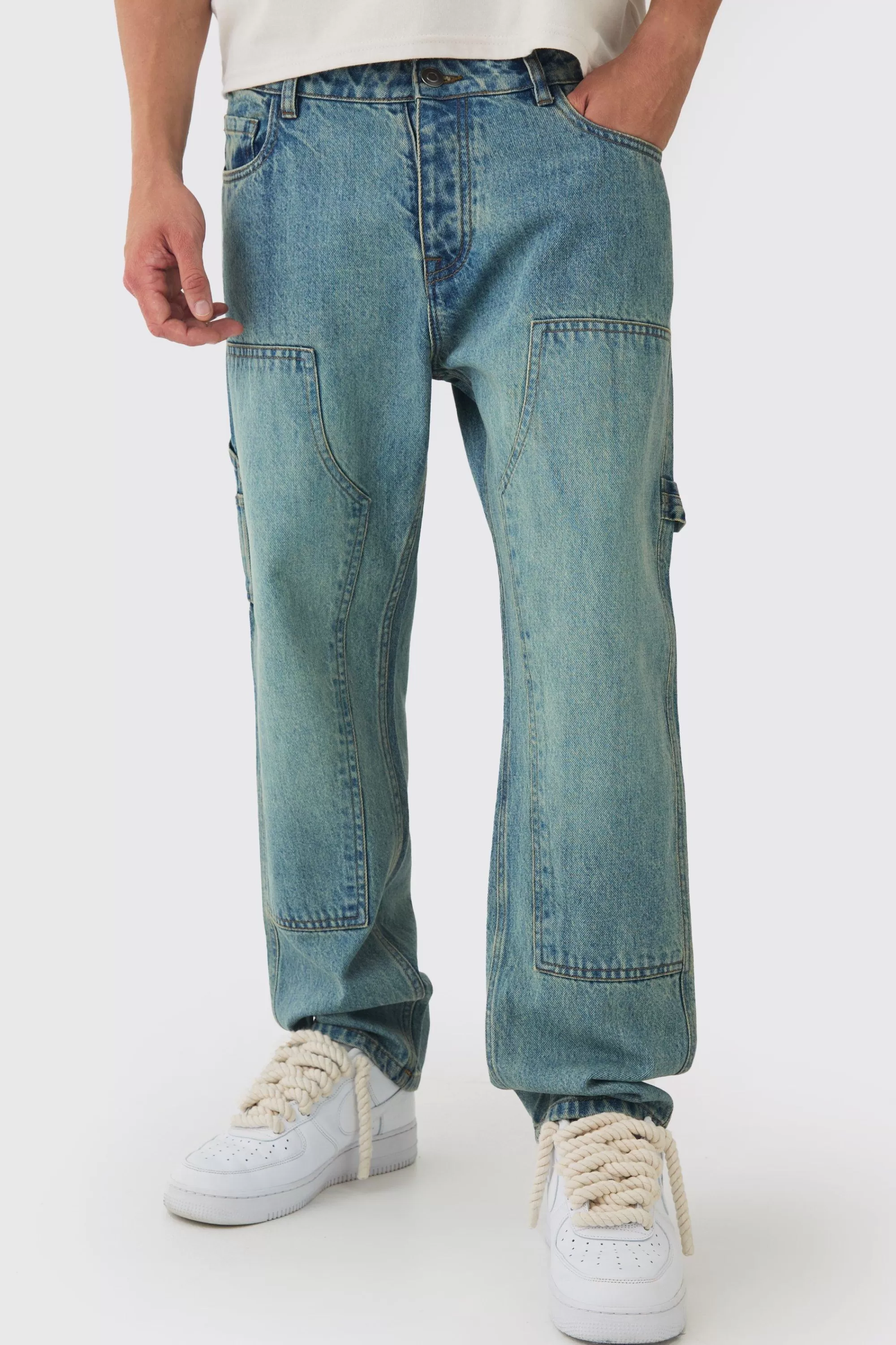 boohooMAN Relaxed Fit Carpenter Detailed Jeans | UK