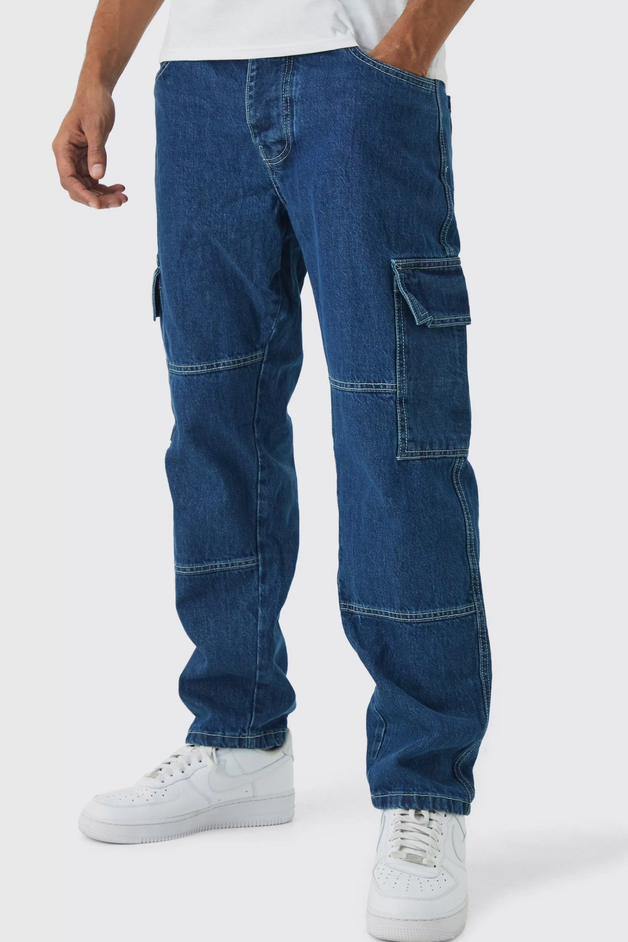 boohooMAN Relaxed Fit Contrast Stitch Cargo Jeans | UK