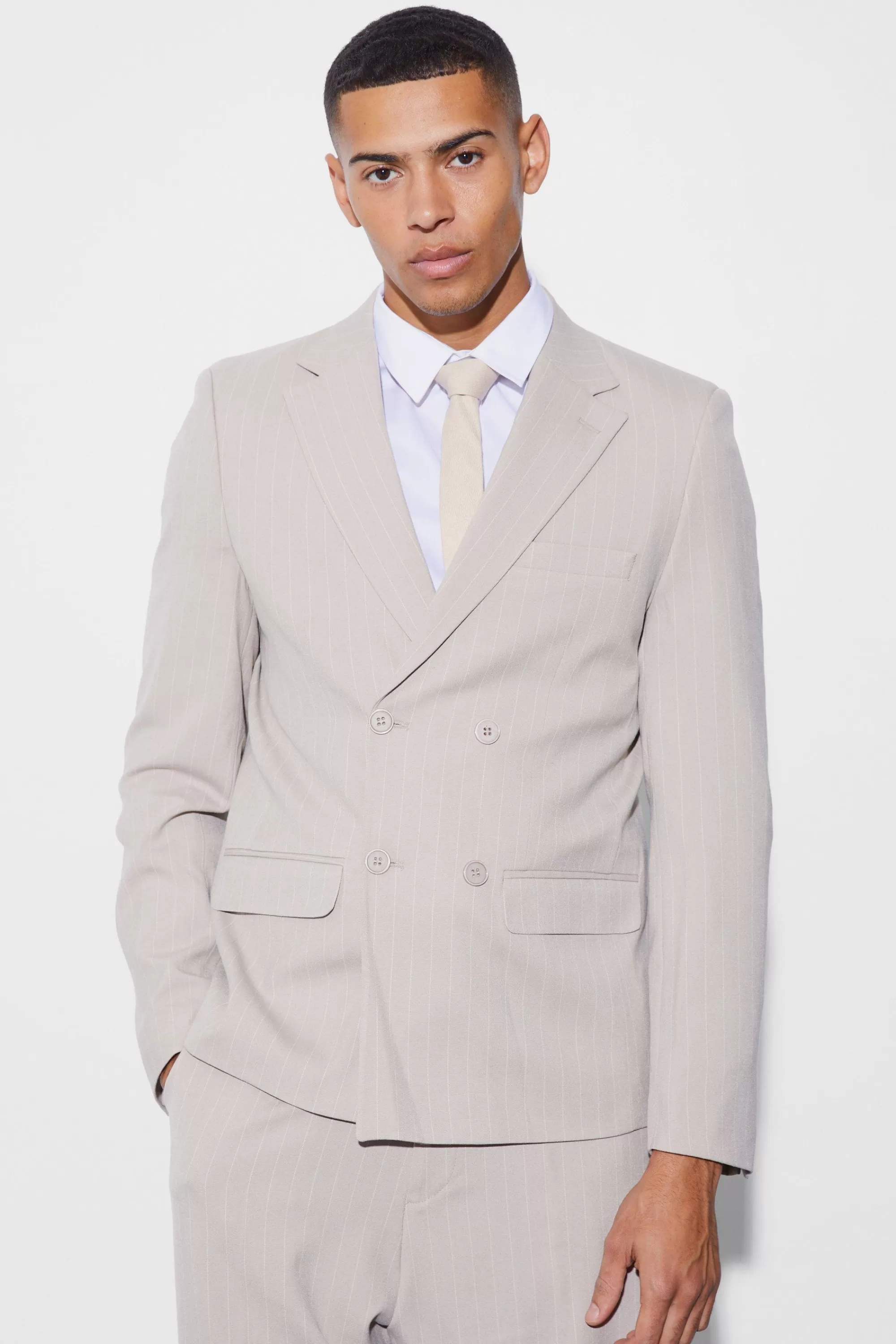 boohooMAN Relaxed Fit Double Breasted Pinstripe Suit | UK