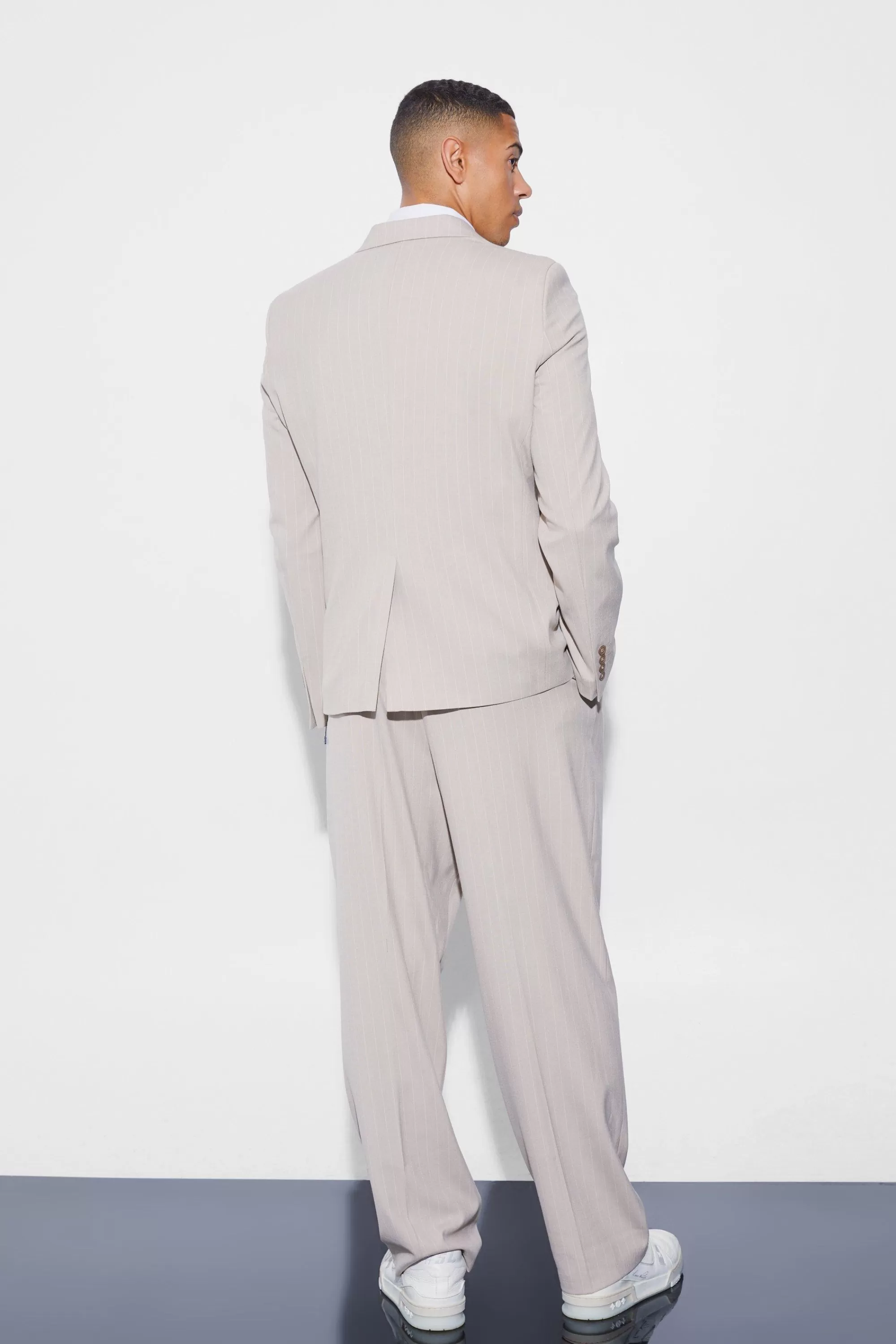 boohooMAN Relaxed Fit Double Breasted Pinstripe Suit | UK