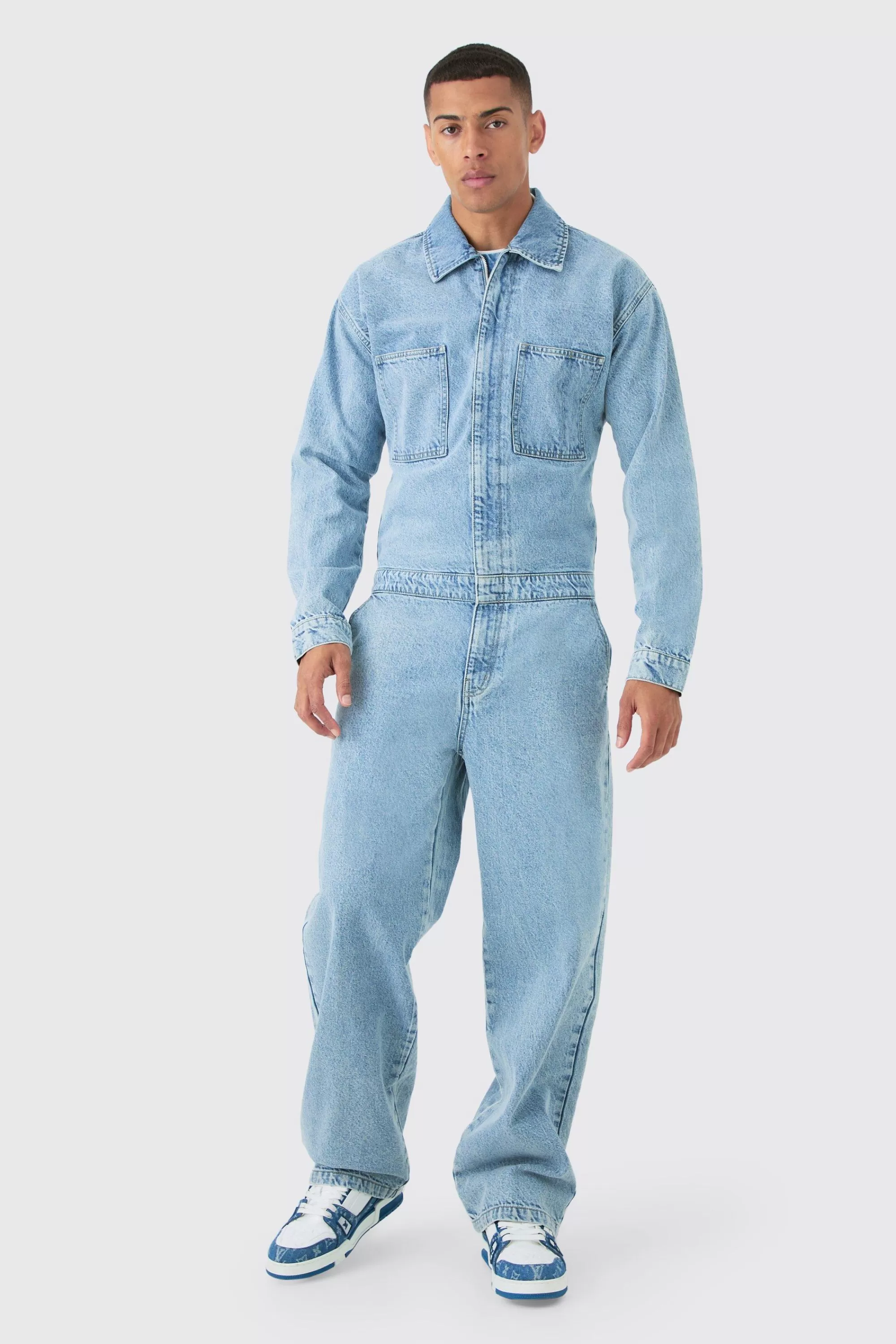 boohooMAN Relaxed Fit Long Sleeve Denim Jumpsuit In | UK