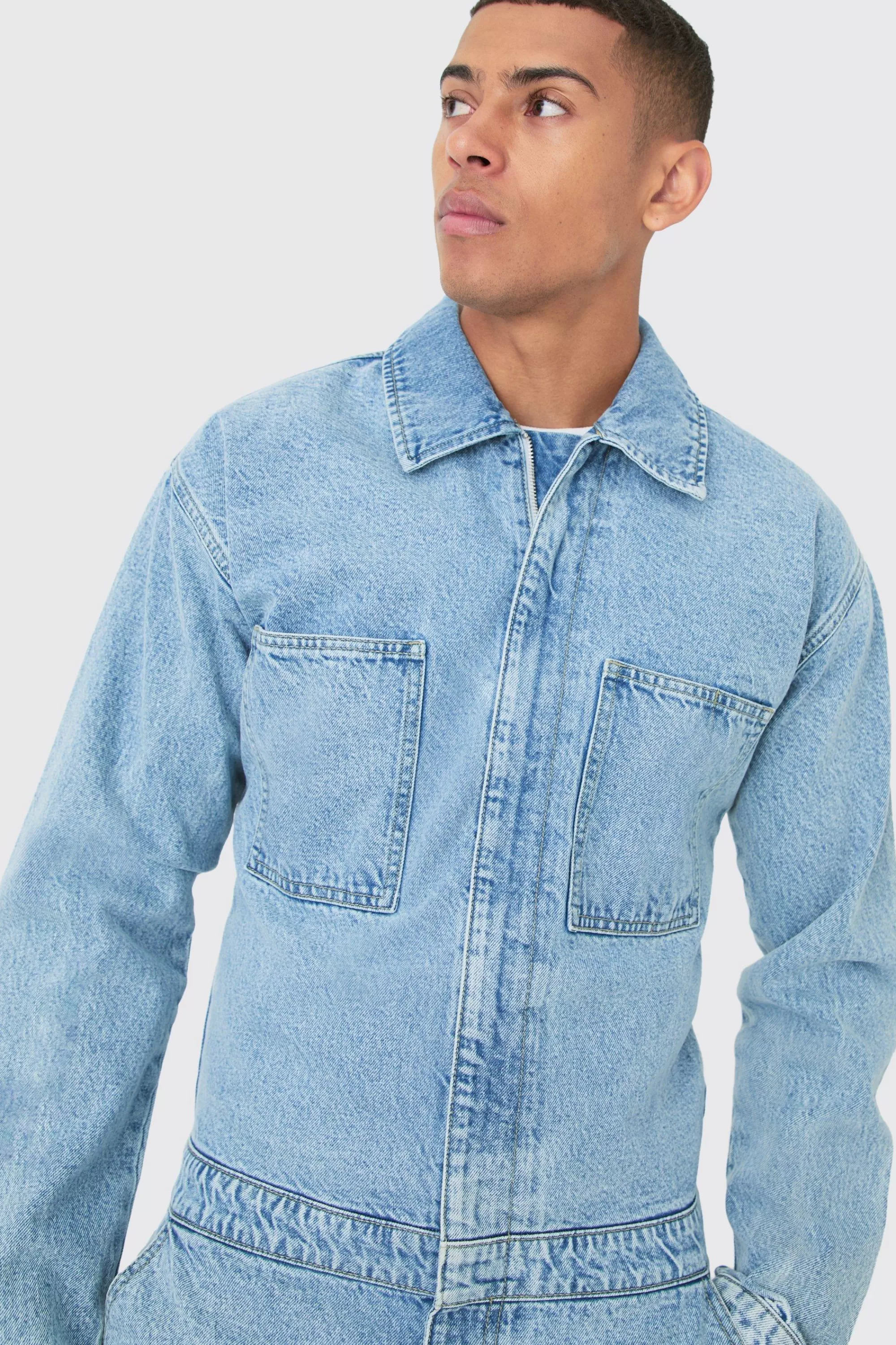 boohooMAN Relaxed Fit Long Sleeve Denim Jumpsuit In | UK