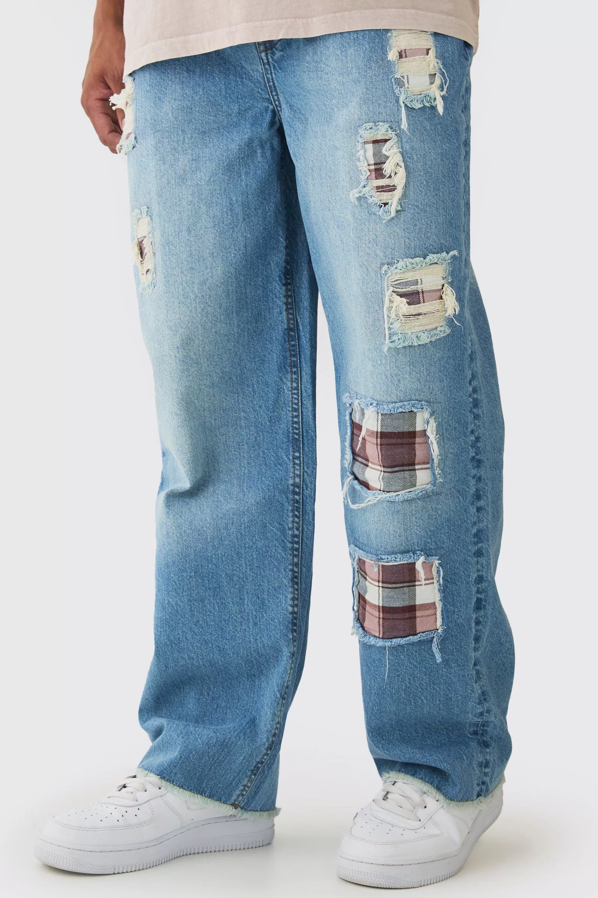 boohooMAN Relaxed Fit Rip & Repair Check Patchwork Jeans | UK