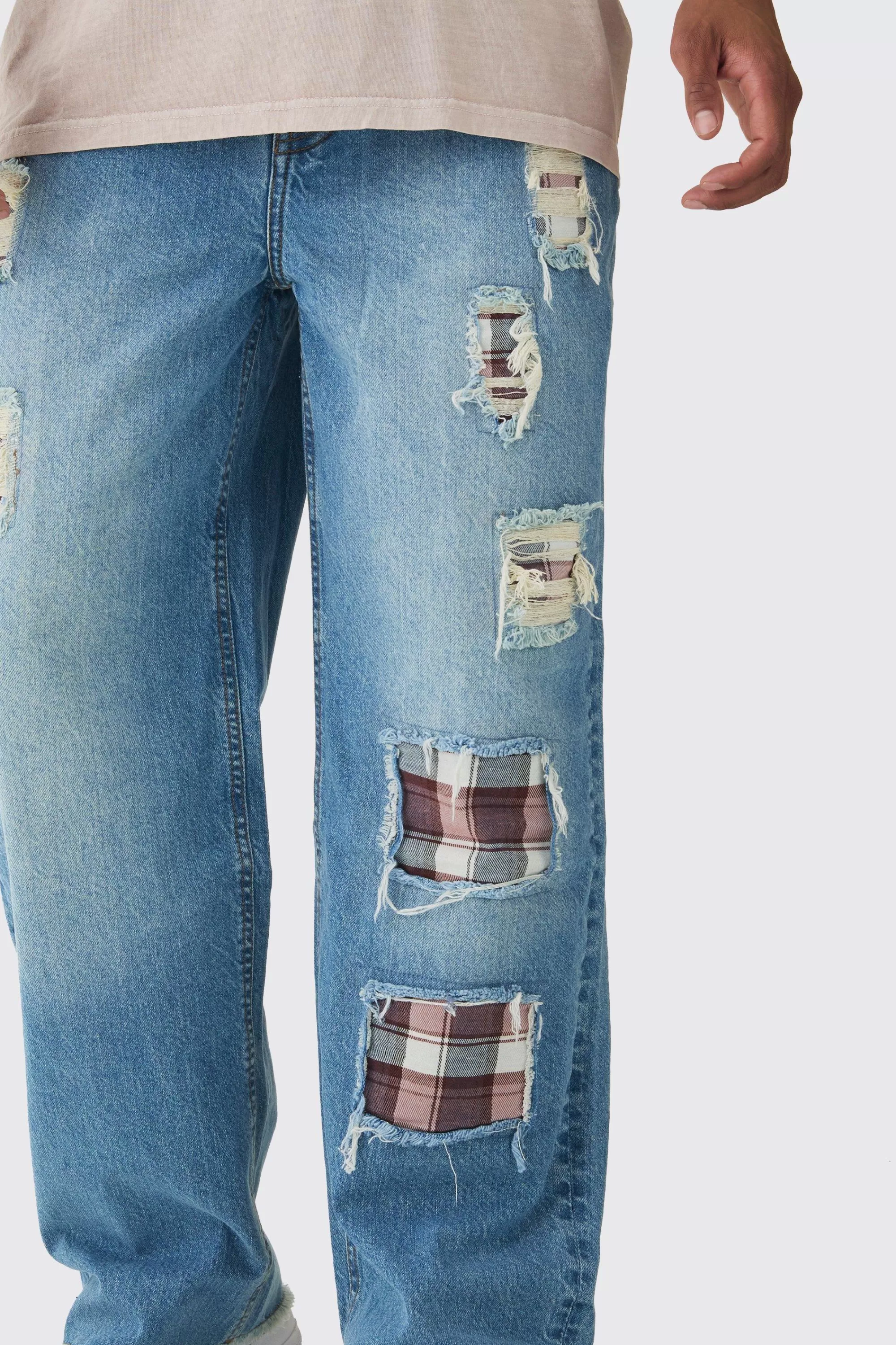 boohooMAN Relaxed Fit Rip & Repair Check Patchwork Jeans | UK