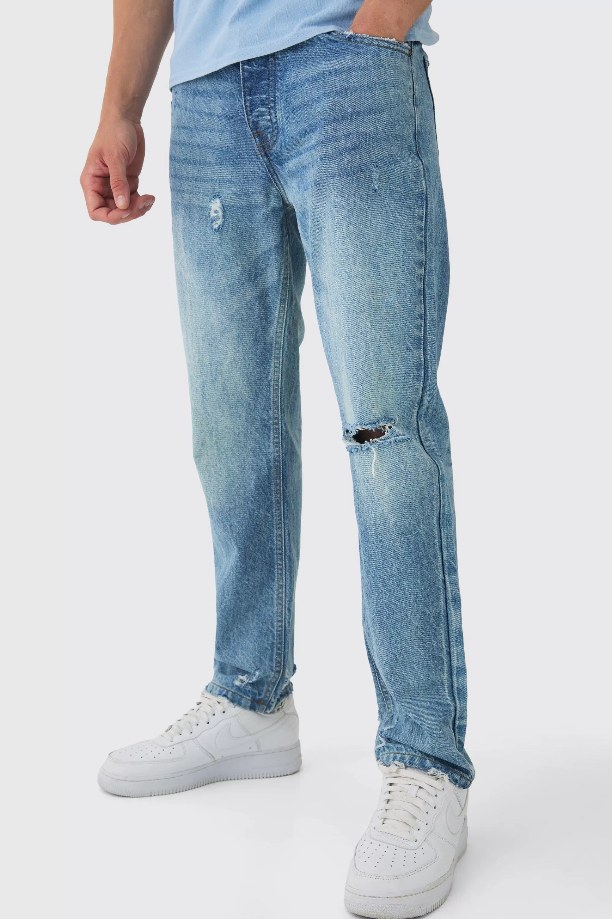 boohooMAN Relaxed Fit Ripped Knee Jeans | UK