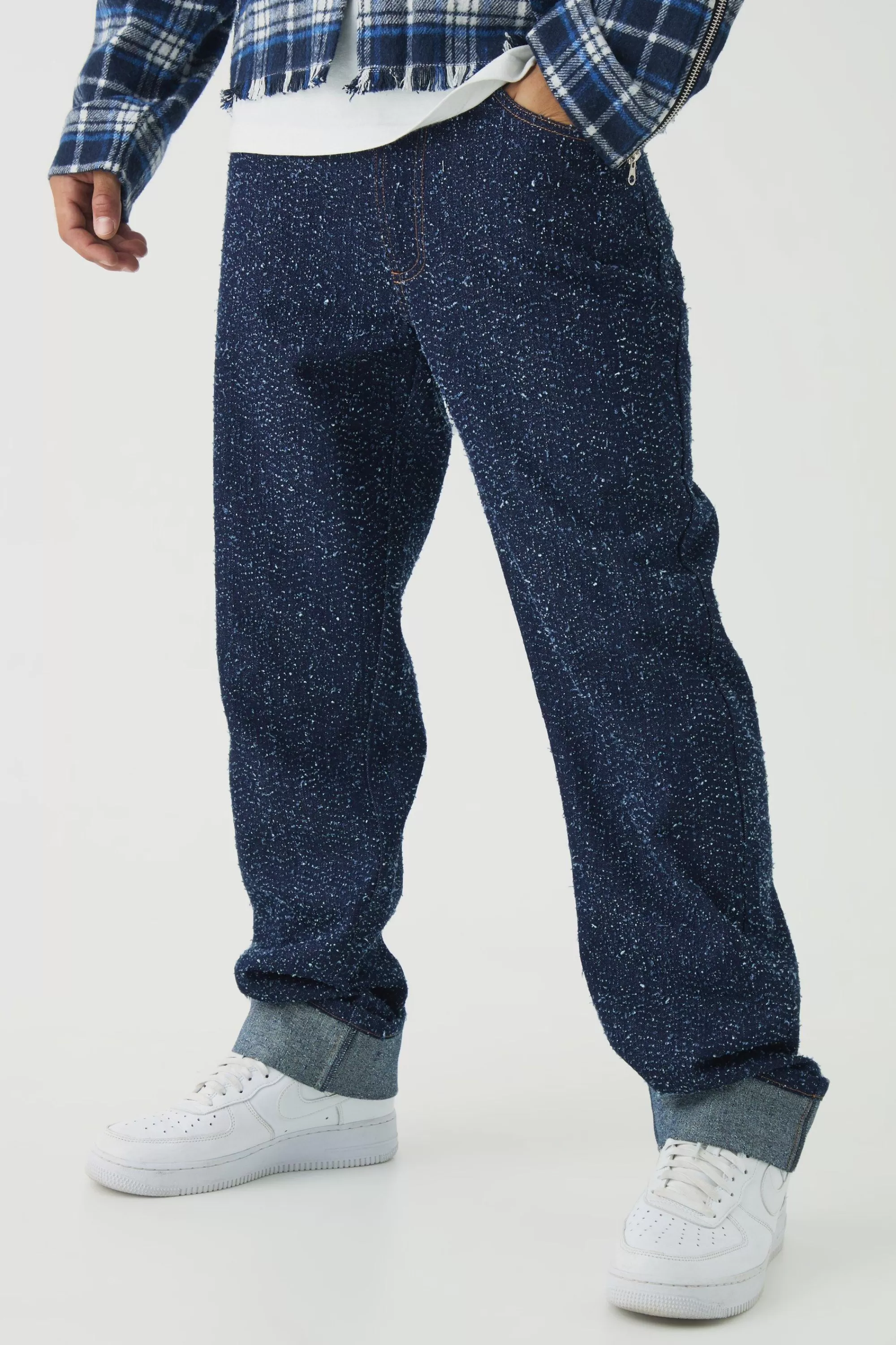 boohooMAN Relaxed Fit Textured Turn Up Hem Jeans | UK