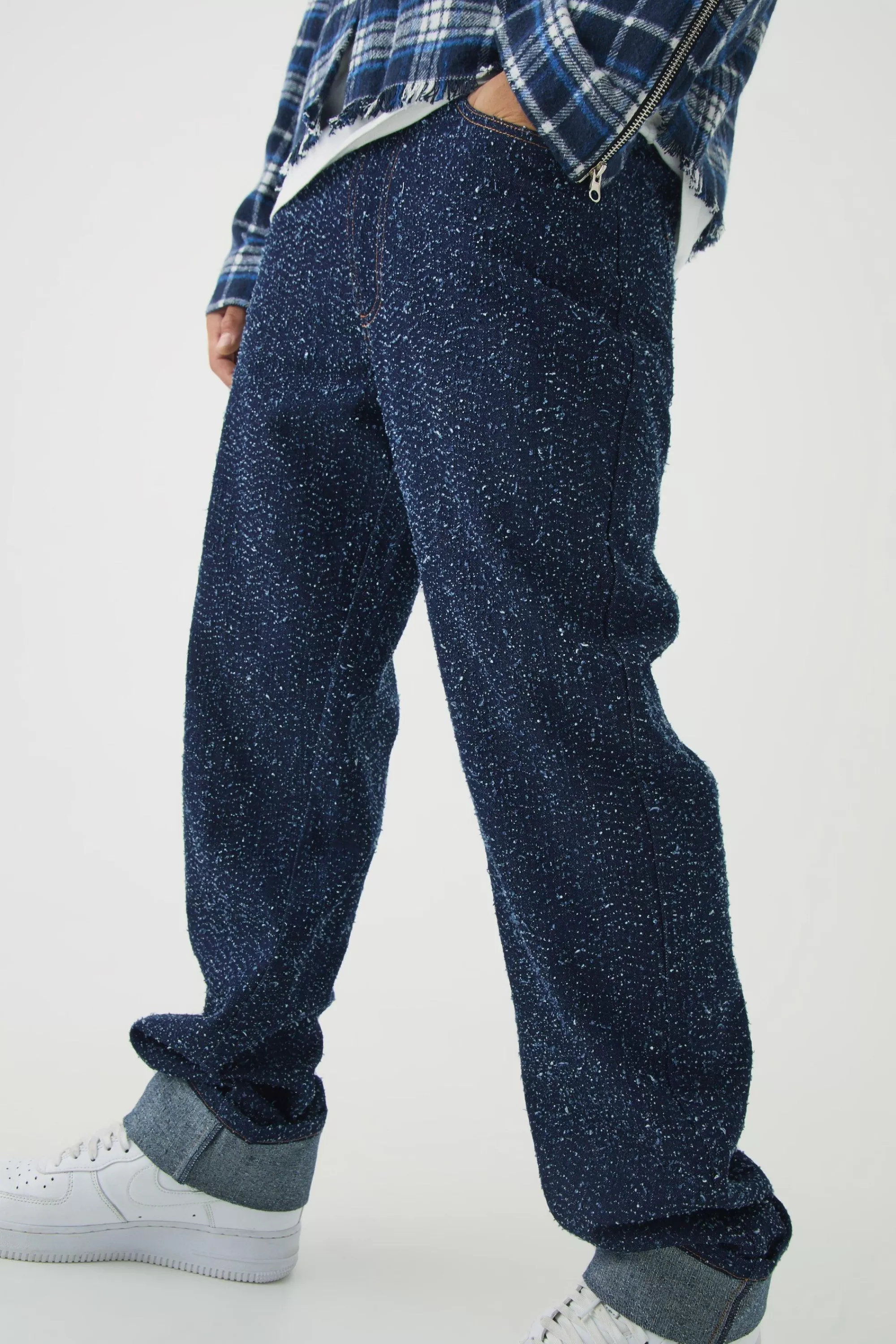 boohooMAN Relaxed Fit Textured Turn Up Hem Jeans | UK