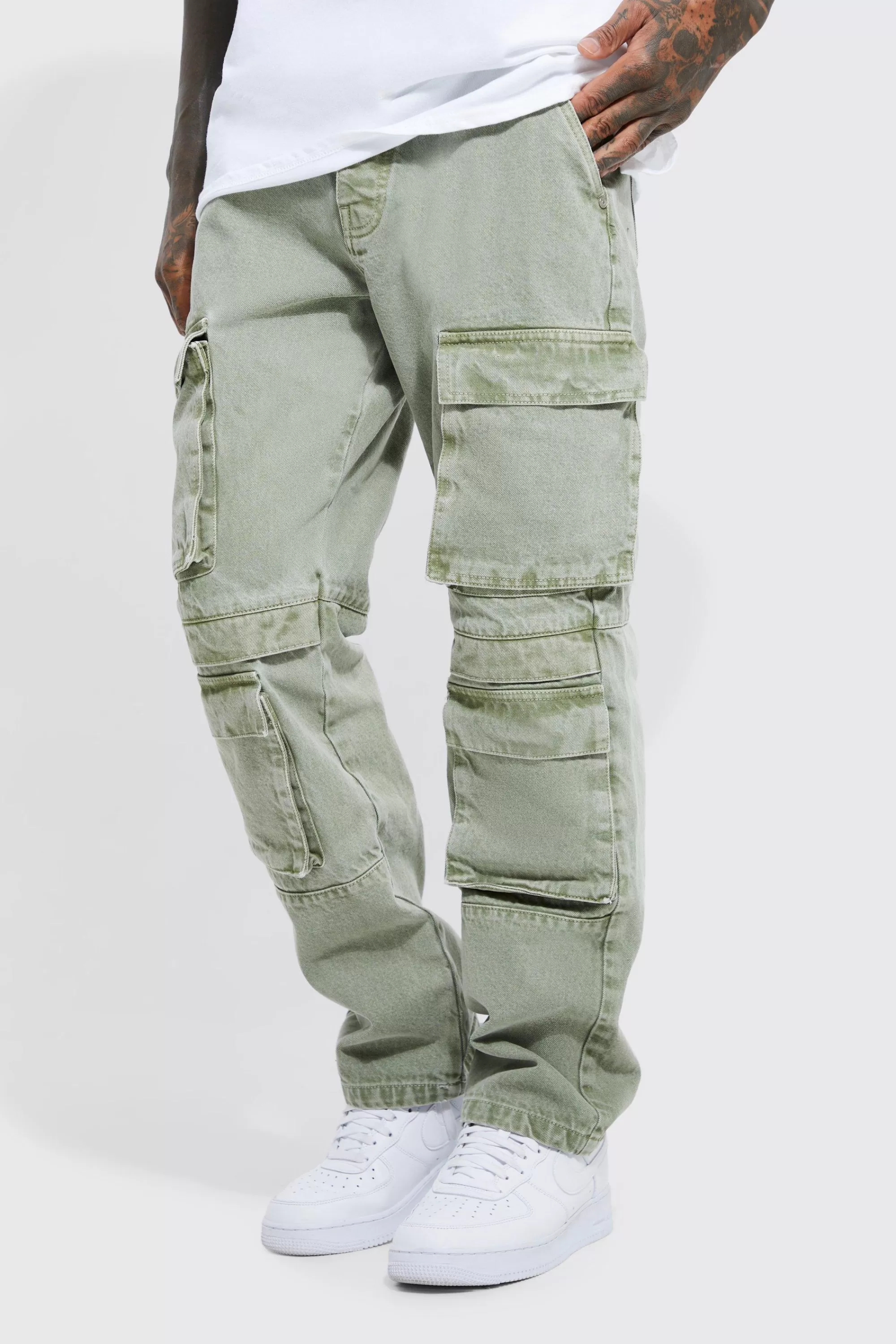 boohooMAN Relaxed Fit Washed Multi Pocket Cargo Jeans | UK
