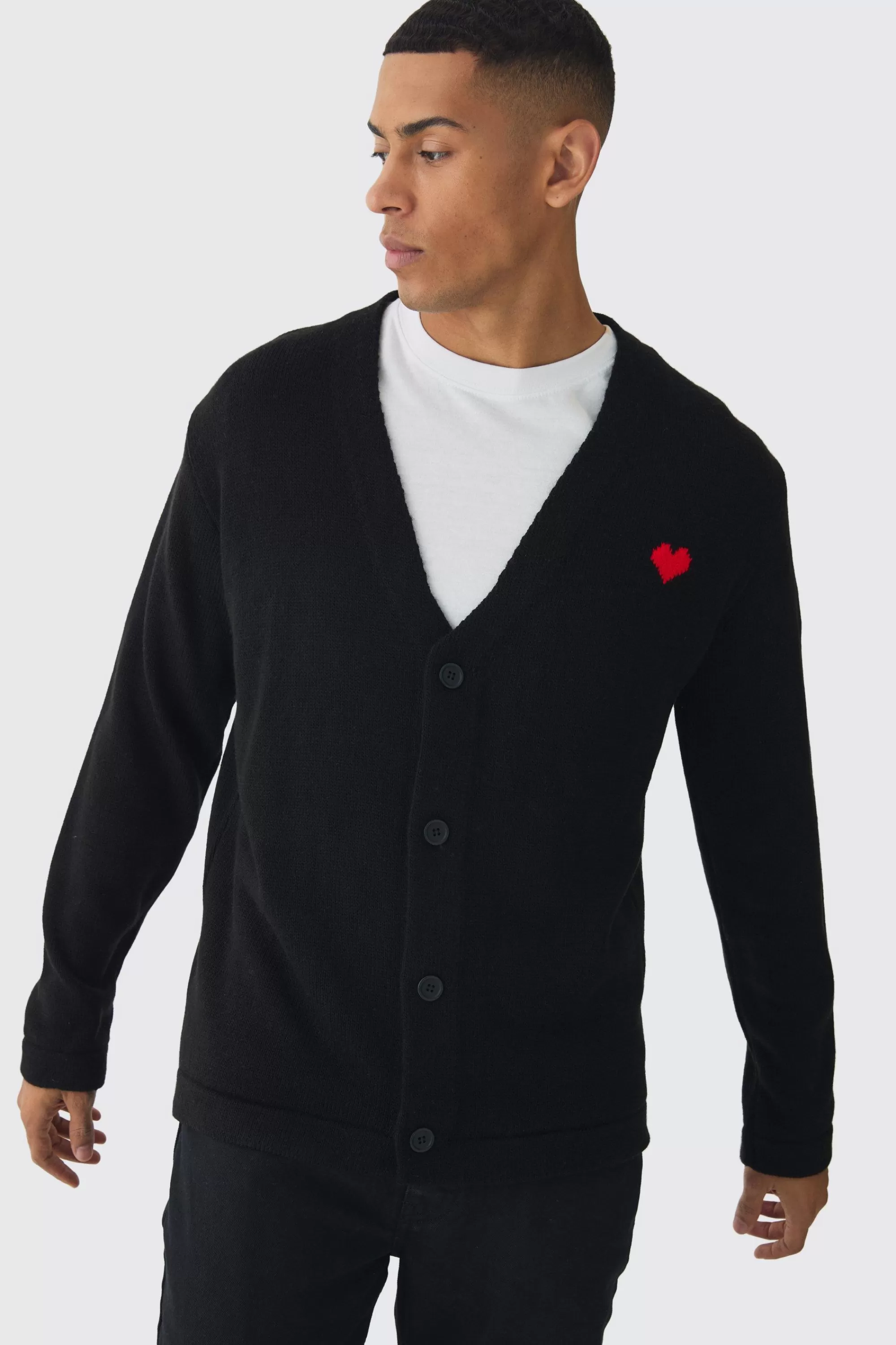 boohooMAN Relaxed Heart Knitted Cardigan | UK