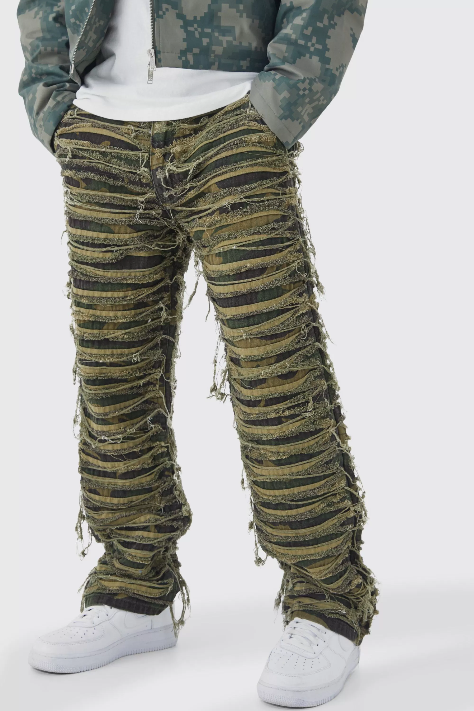 boohooMAN Relaxed Heavily Distressed Camo Trouser | UK