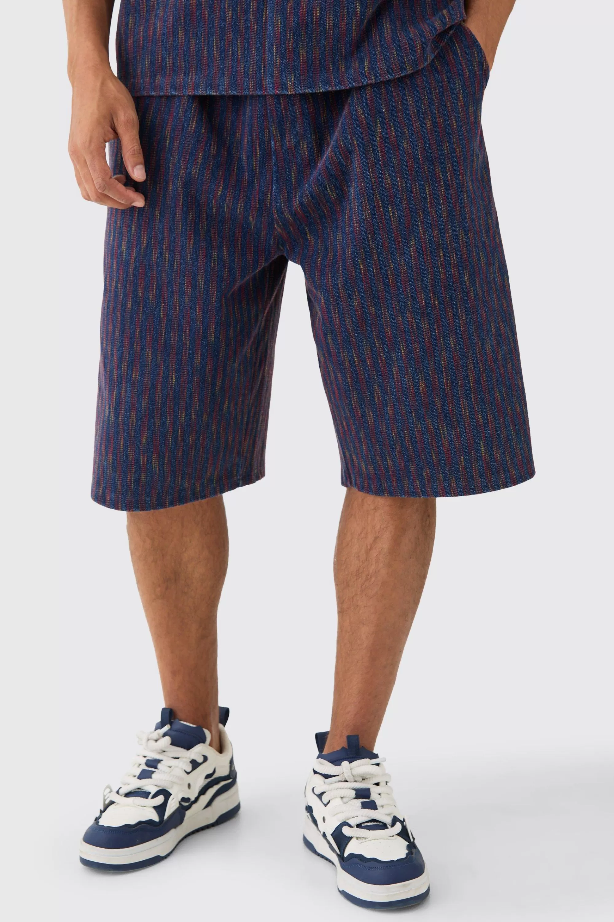 boohooMAN Relaxed Indigo Dyed Striped Jort | UK
