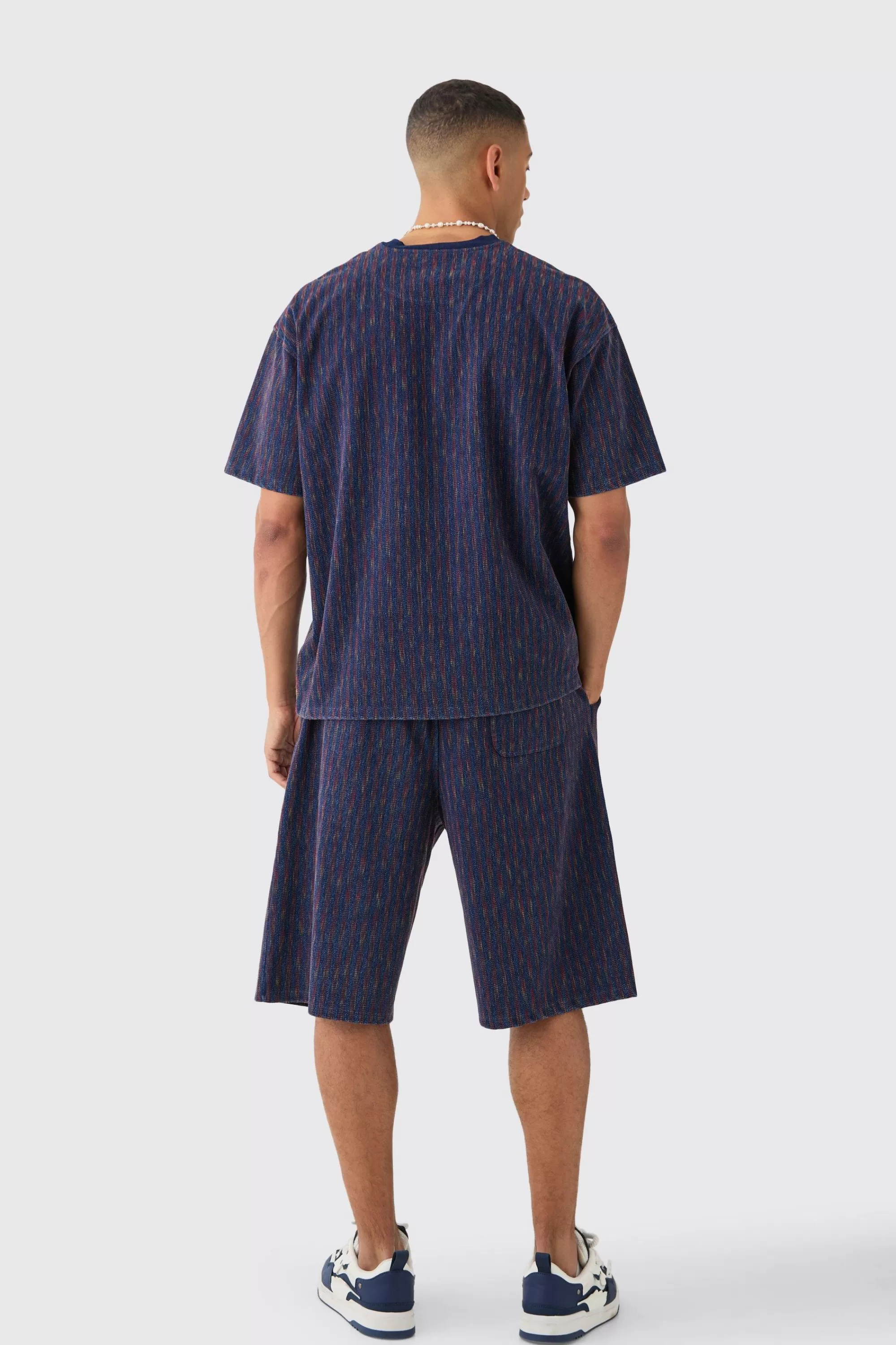 boohooMAN Relaxed Indigo Dyed Striped Jort | UK