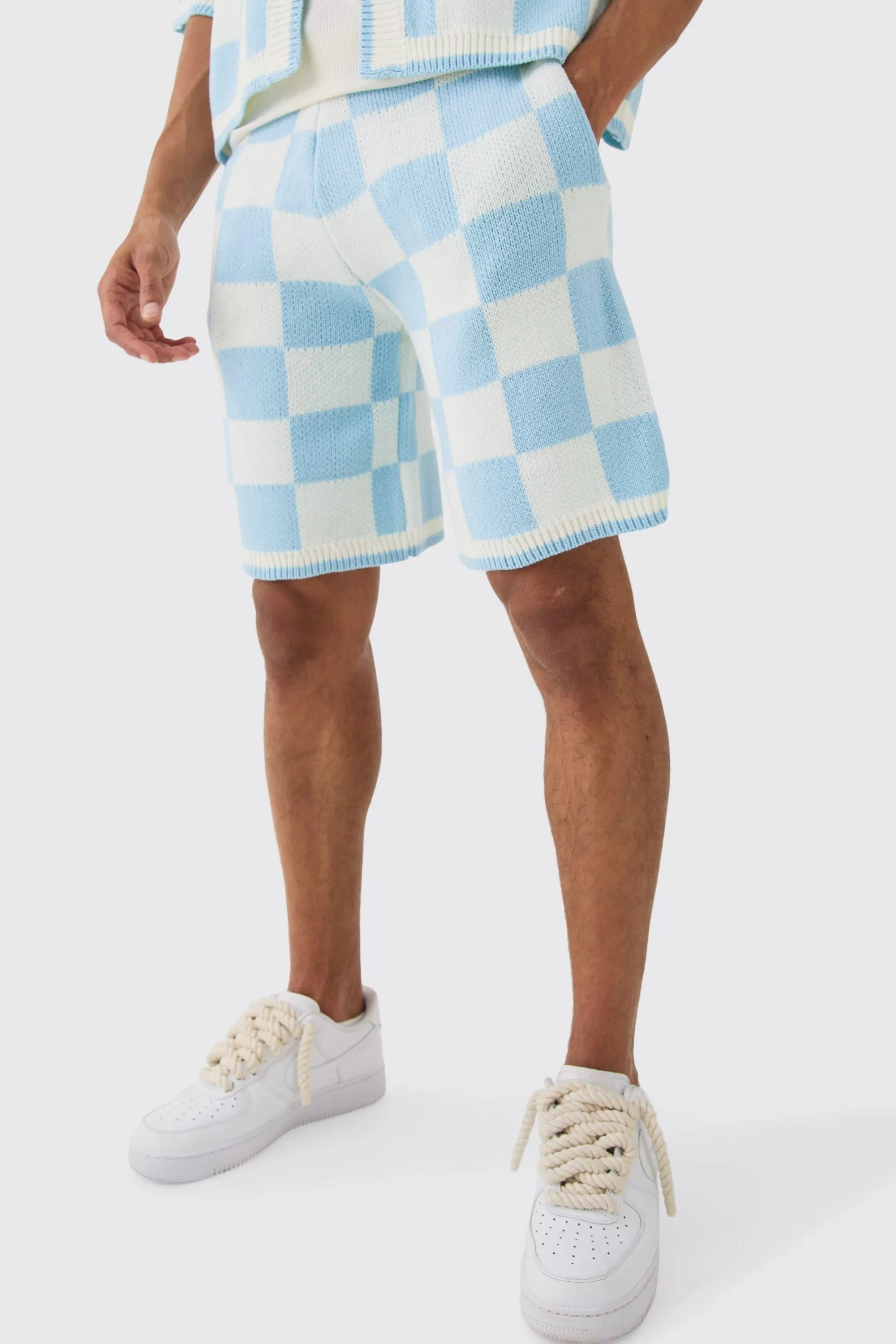 boohooMAN Relaxed Mid Length Check Knitted Short | UK