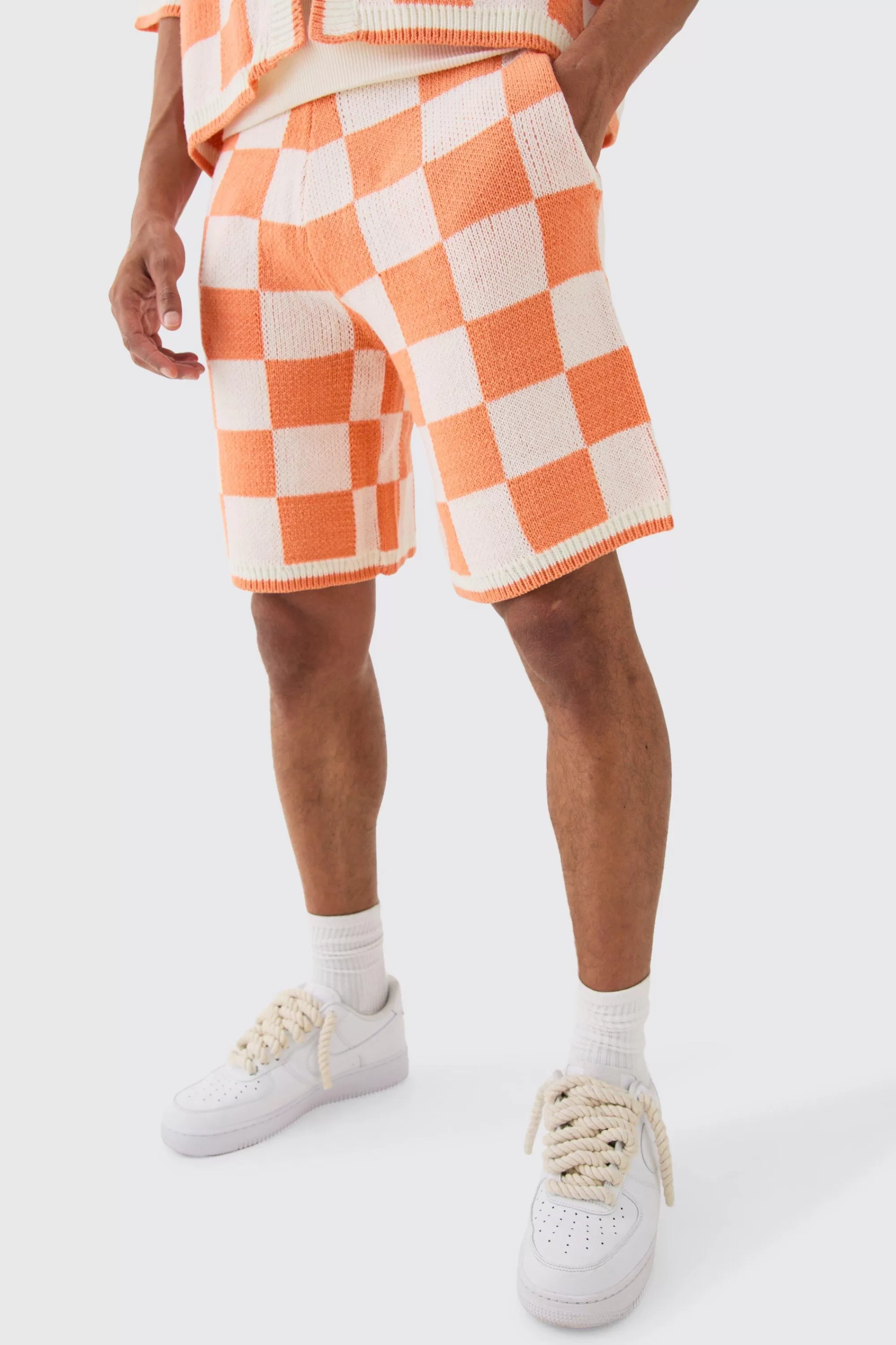 boohooMAN Relaxed Mid Length Check Knitted Short | UK