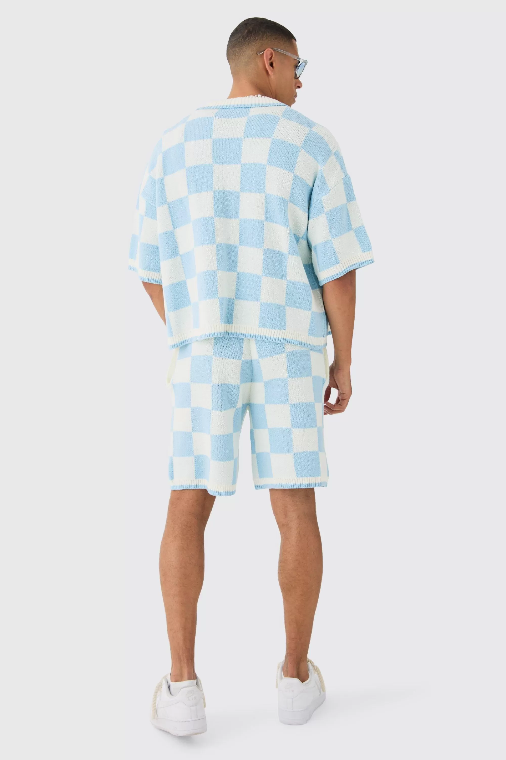 boohooMAN Relaxed Mid Length Check Knitted Short | UK