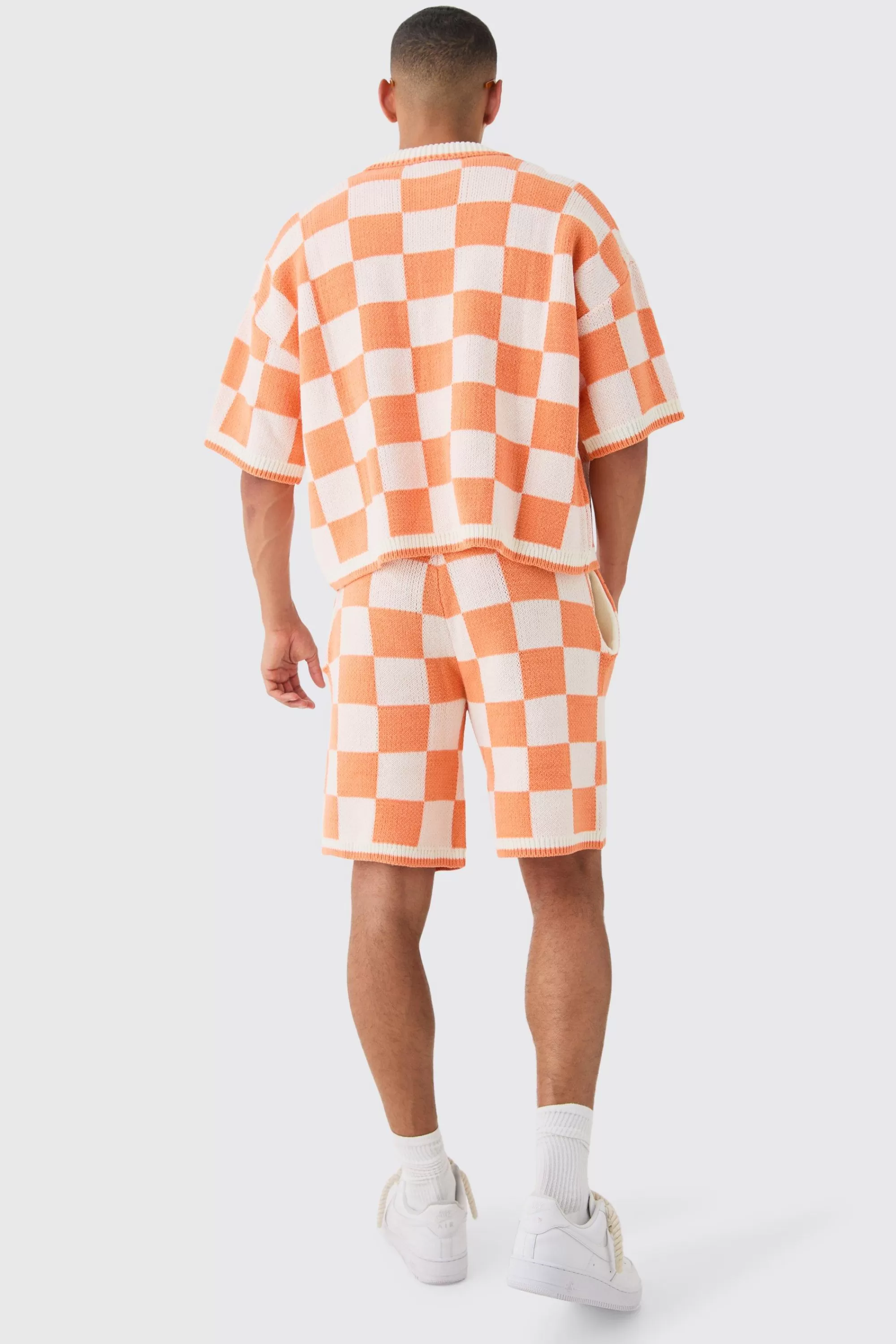 boohooMAN Relaxed Mid Length Check Knitted Short | UK