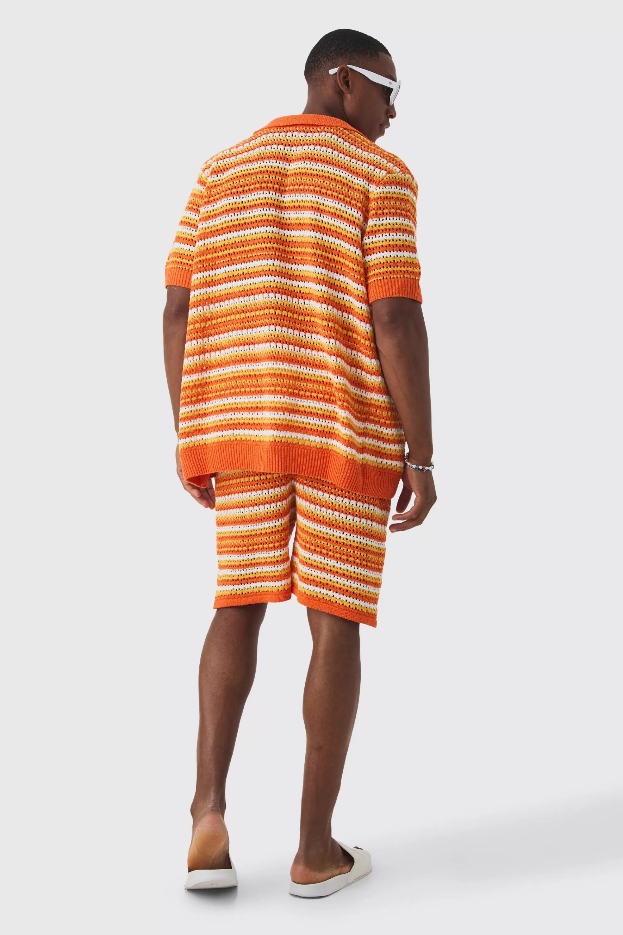 boohooMAN Relaxed Mid Length Open Stitch Stripe Shirt & Short Set | UK