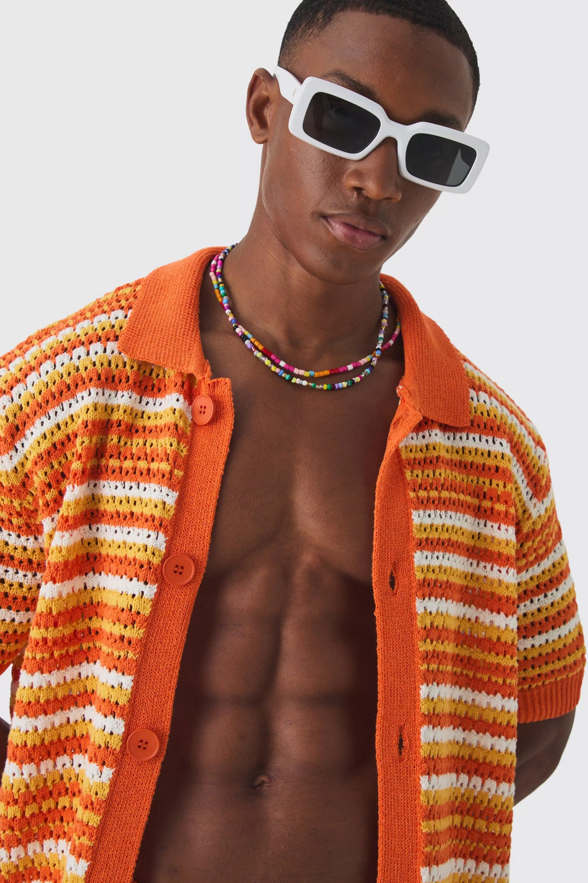 boohooMAN Relaxed Mid Length Open Stitch Stripe Shirt & Short Set | UK