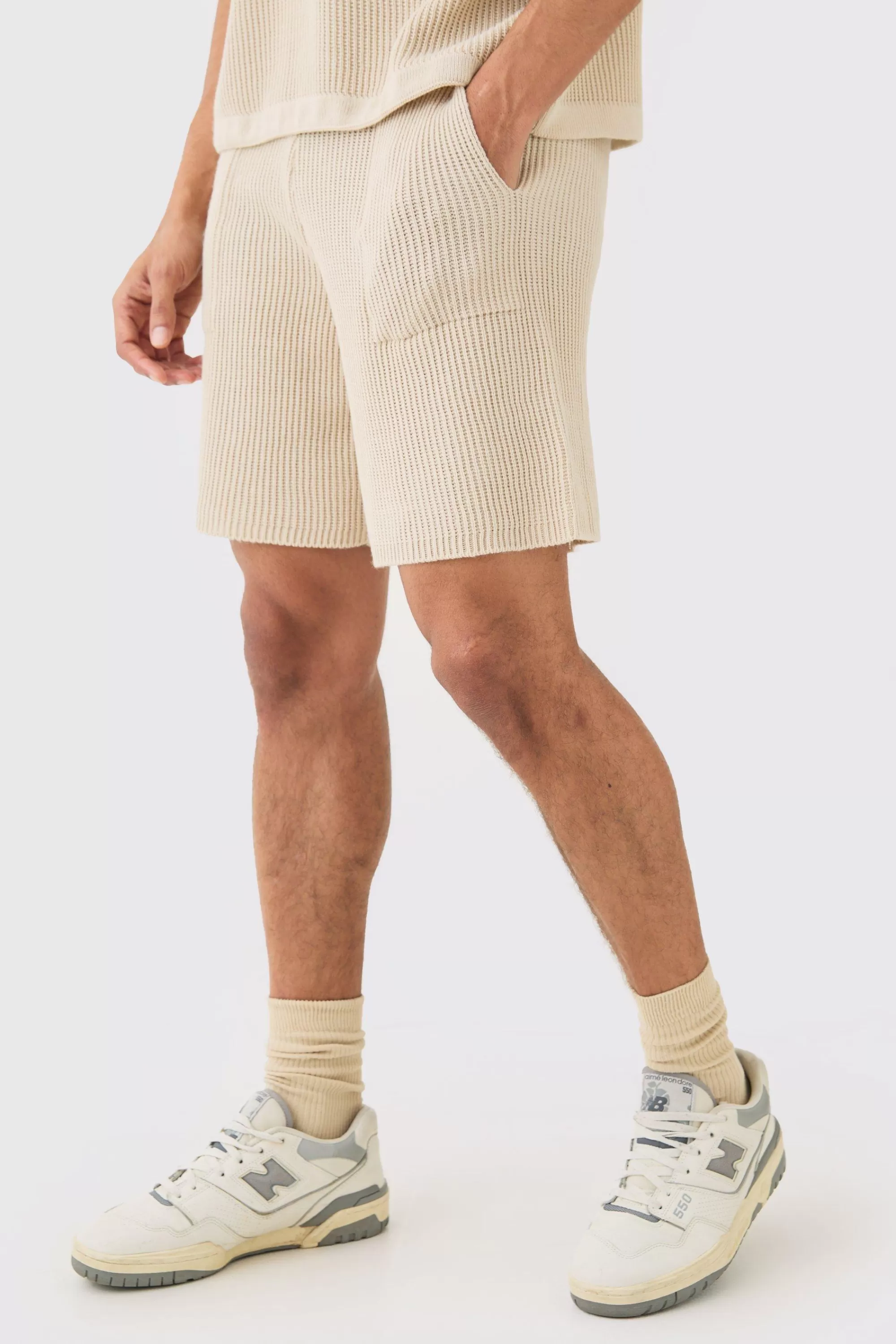 boohooMAN Relaxed Mid Length Ribbed Knit Short | UK