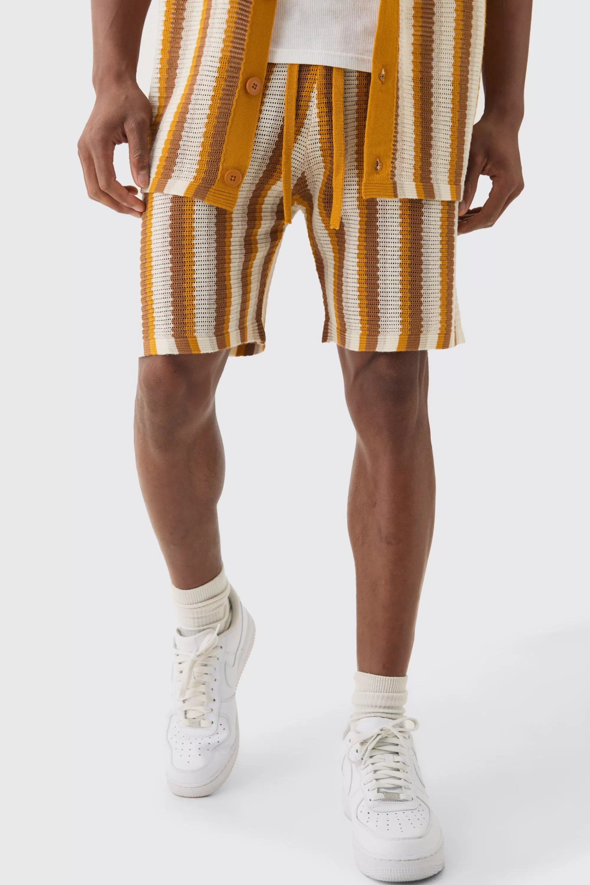 boohooMAN Relaxed Open Stitch Stripe Knit Short In | UK
