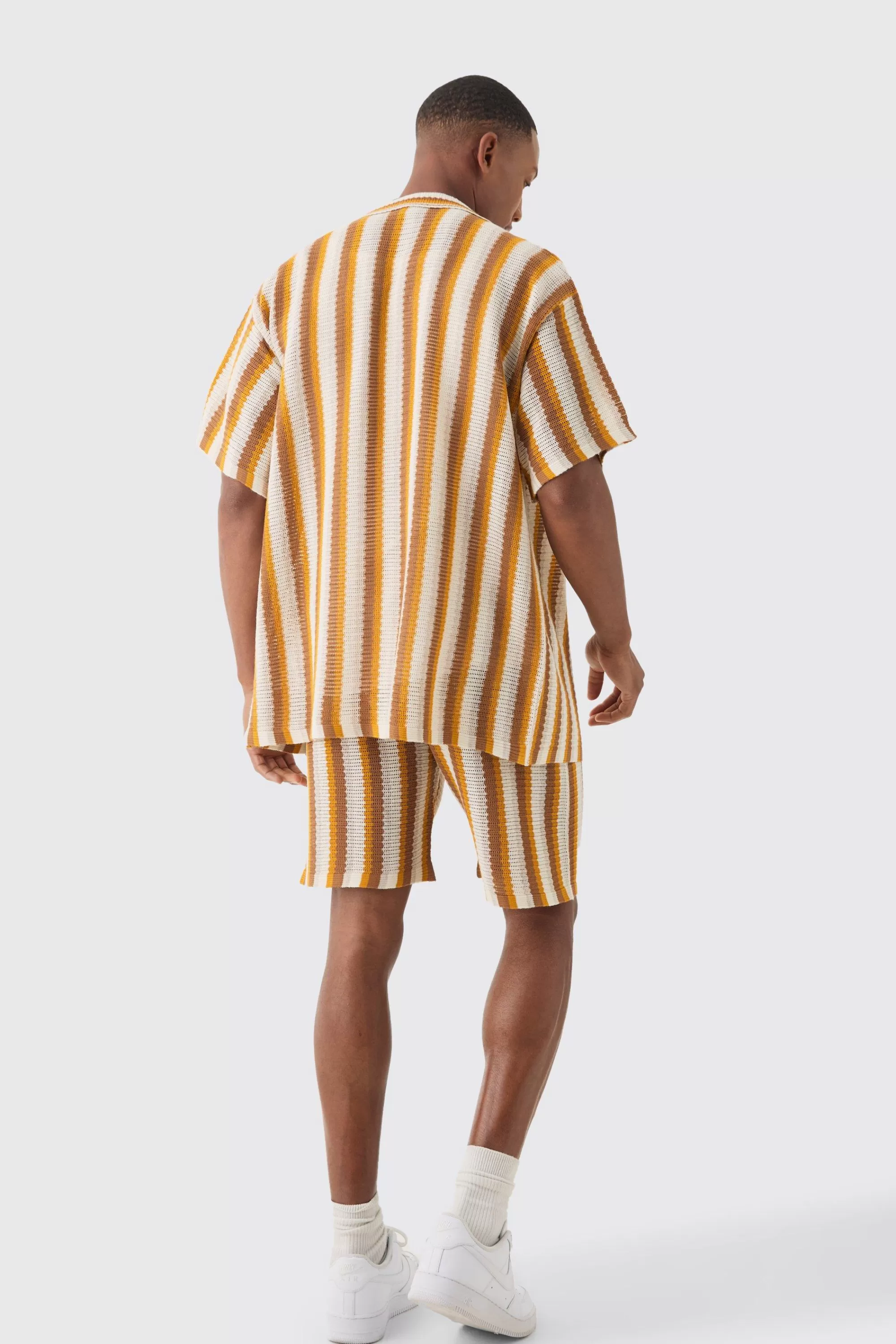 boohooMAN Relaxed Open Stitch Stripe Knit Short In | UK
