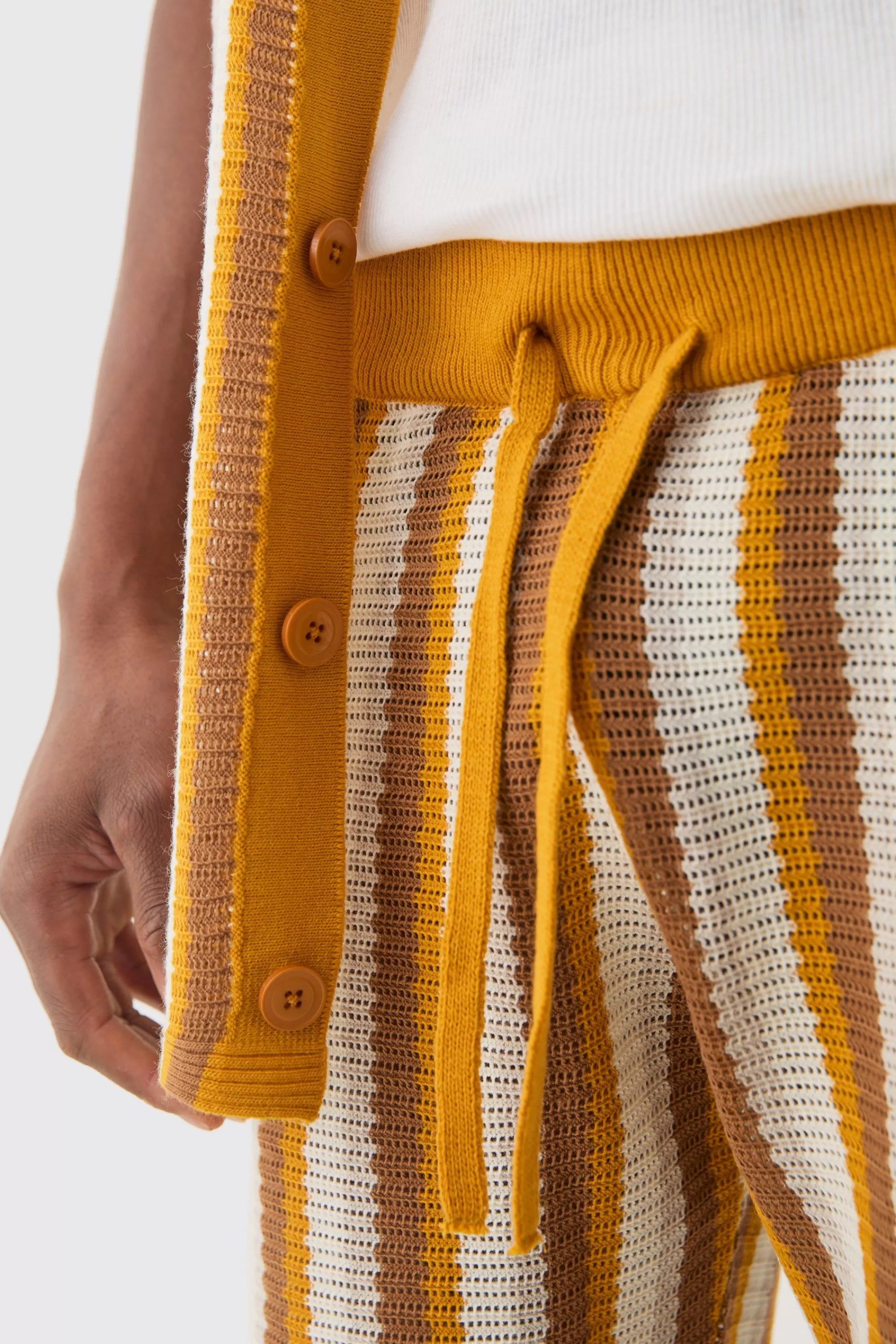 boohooMAN Relaxed Open Stitch Stripe Knit Short In | UK