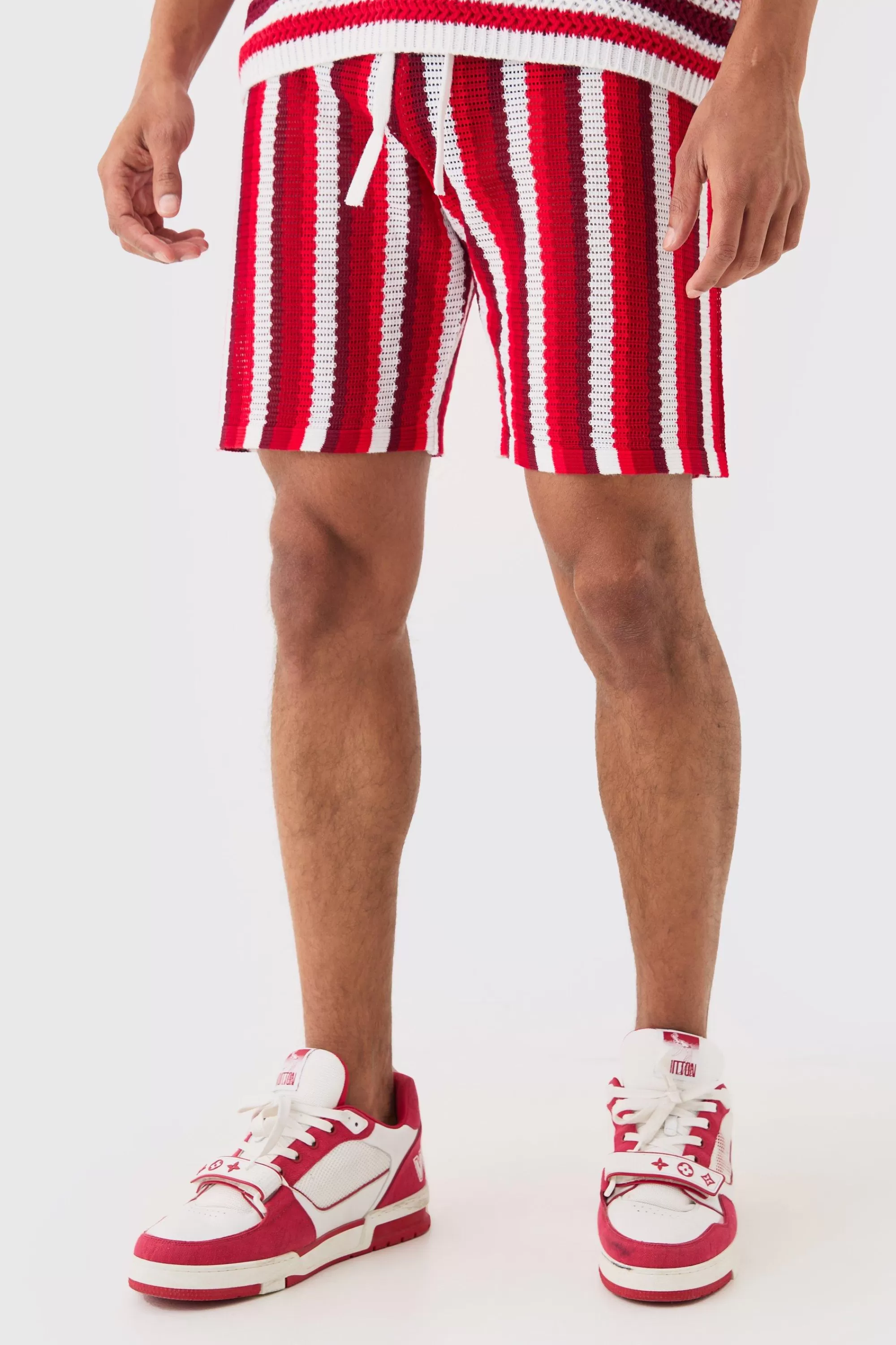 boohooMAN Relaxed Open Stitch Stripe Knit Short In Red | UK