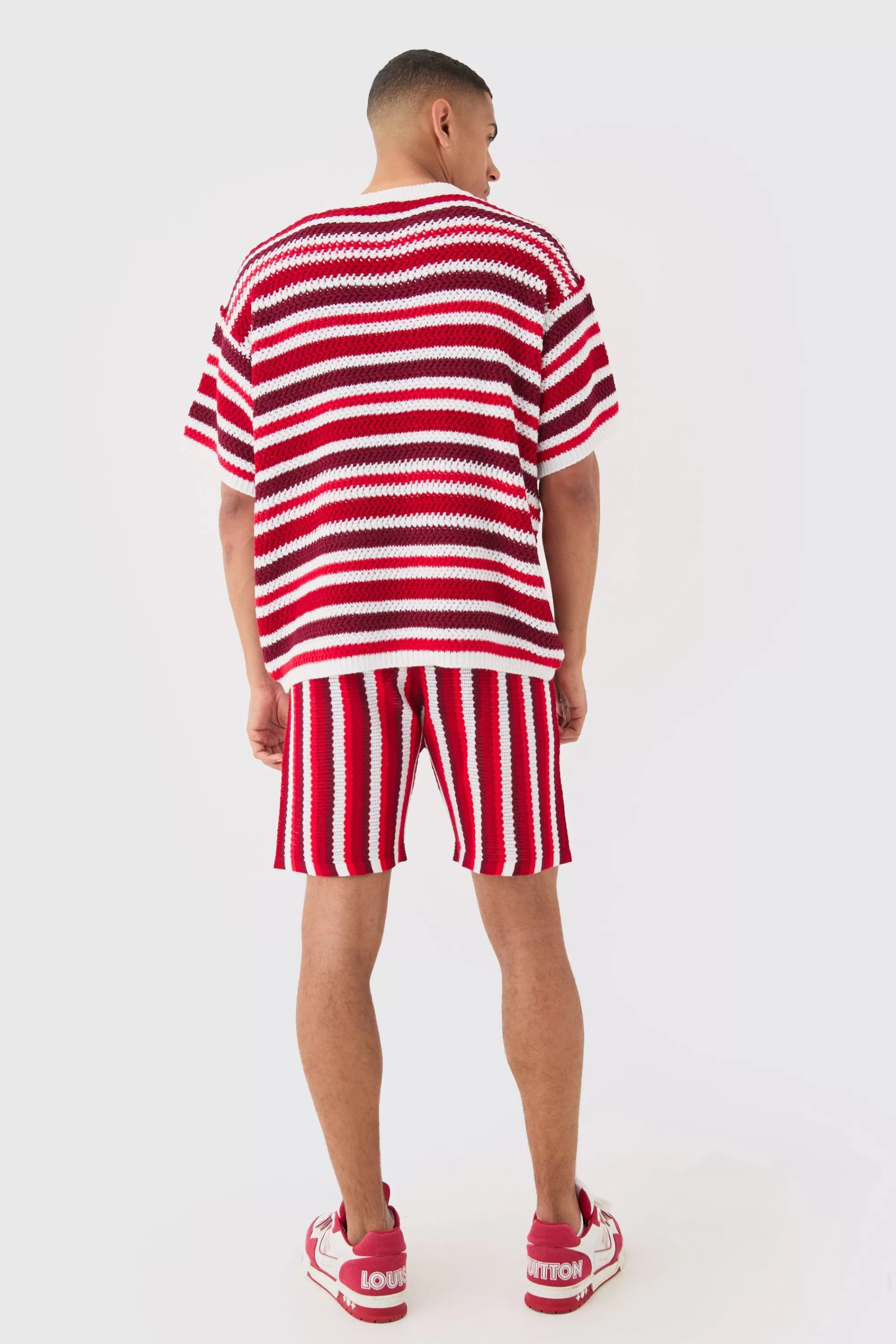 boohooMAN Relaxed Open Stitch Stripe Knit Short In Red | UK