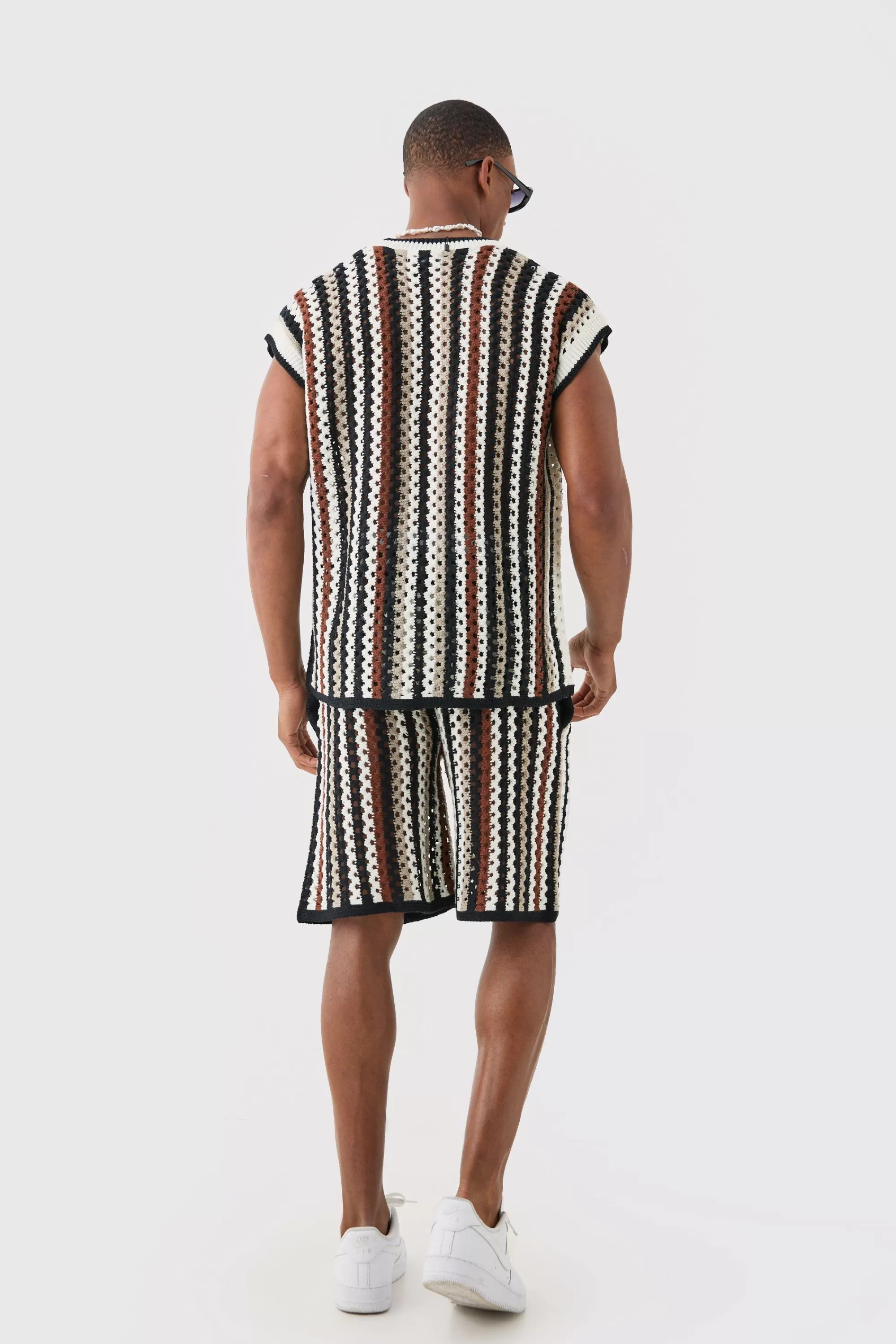 boohooMAN Relaxed Open Stitch Stripe Knitted Shorts | UK