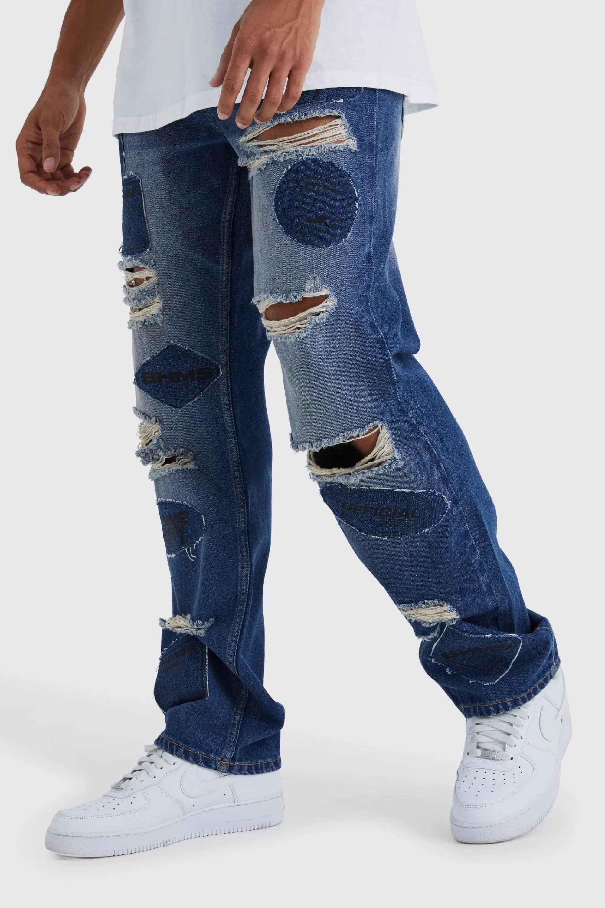 boohooMAN Relaxed Rigid Applique Ripped Jeans | UK