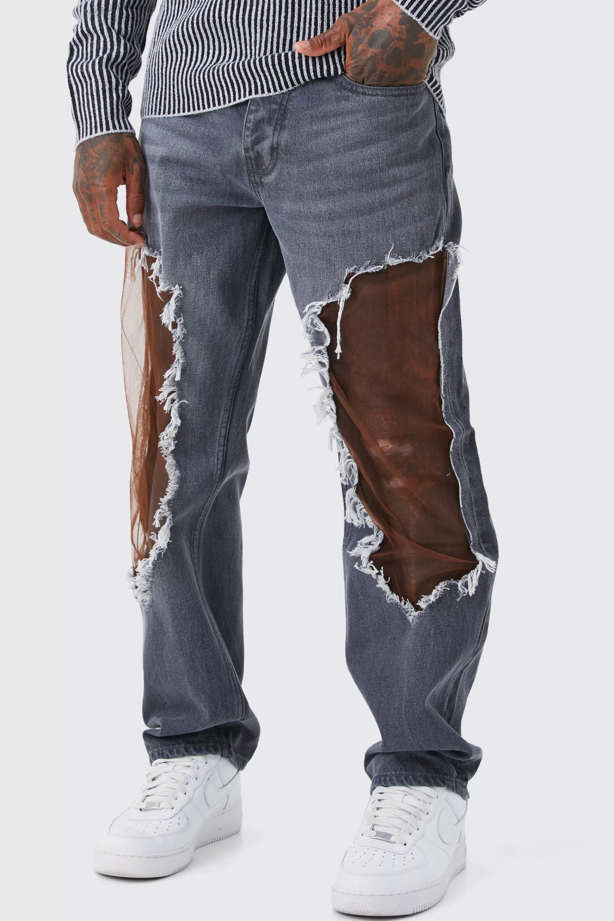 boohooMAN Relaxed Rigid Burnt Out Mesh Jeans | UK