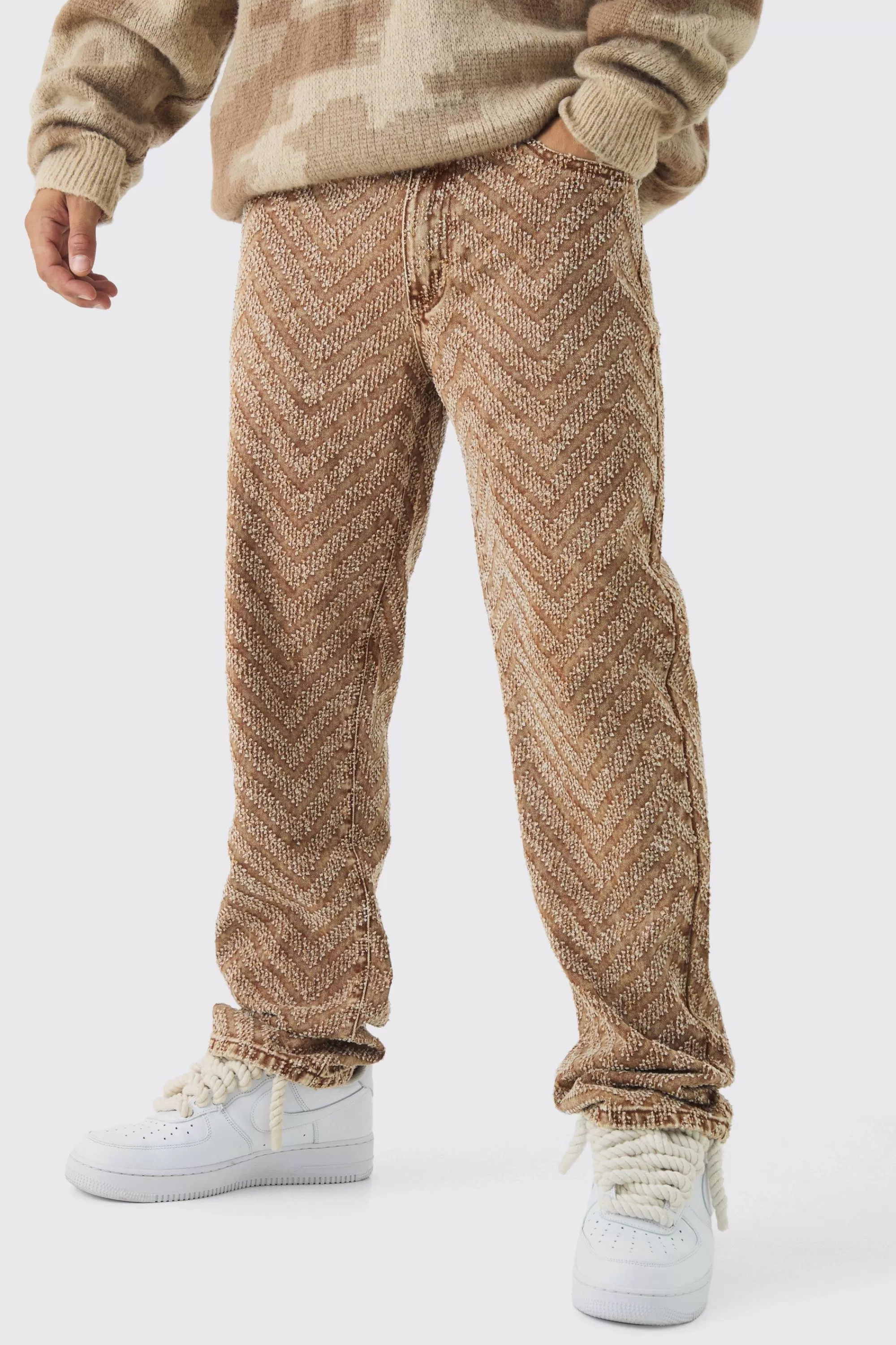 boohooMAN Relaxed Rigid Distressed Jacquard Jeans | UK